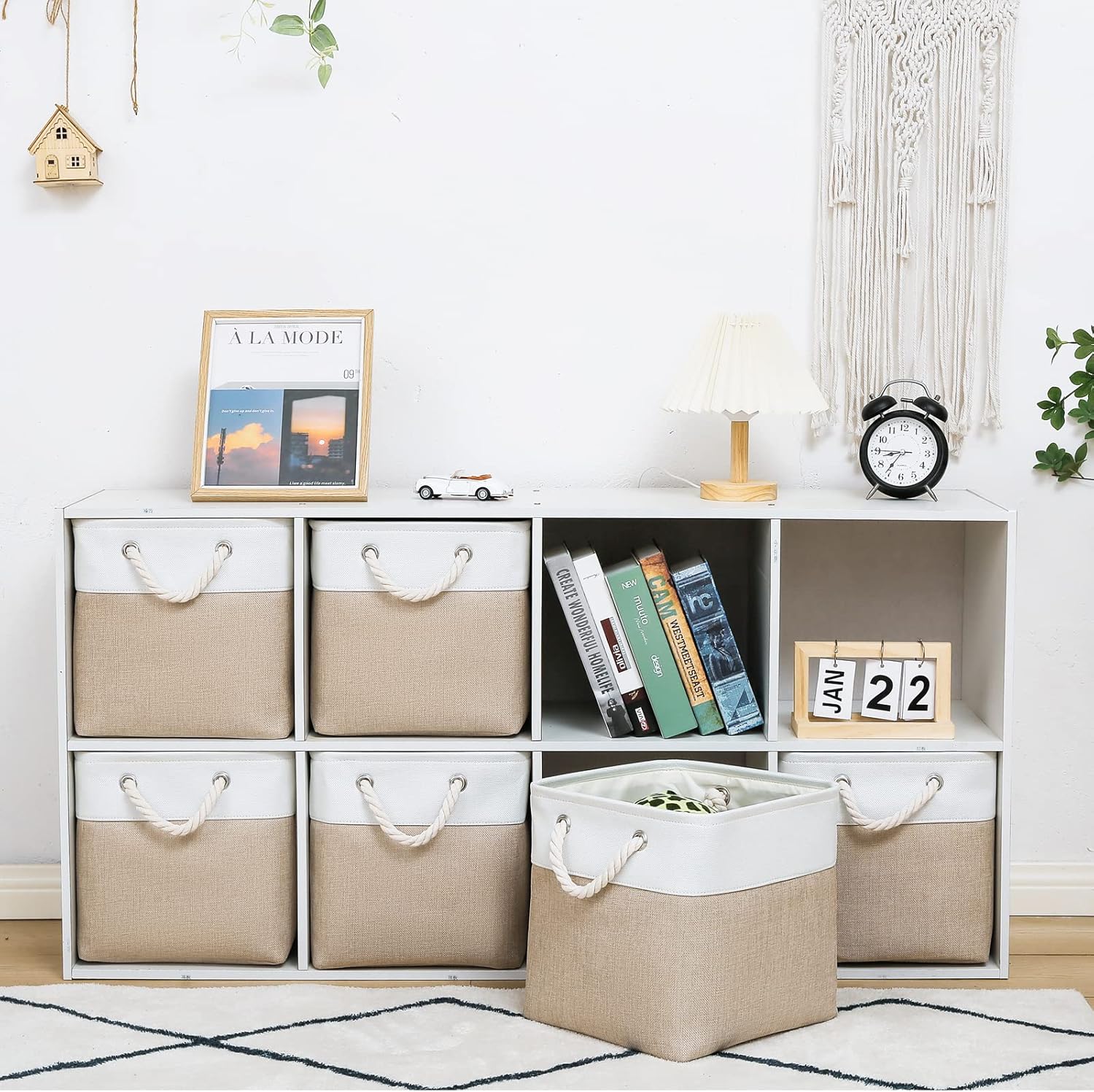 11 x 11 Inch Cube Storage Bins, 6 Pack Large Collapsible Fabric Storage Bin with Ropes, Foldable Storage Cubes for Home, Office,Closet, Clothes, Toys Organizer (White & Beige-11"x11"x11")
