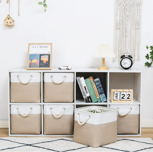 11 x 11 Inch Cube Storage Bins, 6 Pack Large Collapsible Fabric Storage Bin with Ropes, Foldable Storage Cubes for Home, Office,Closet, Clothes, Toys Organizer (White & Beige-11"x11"x11")