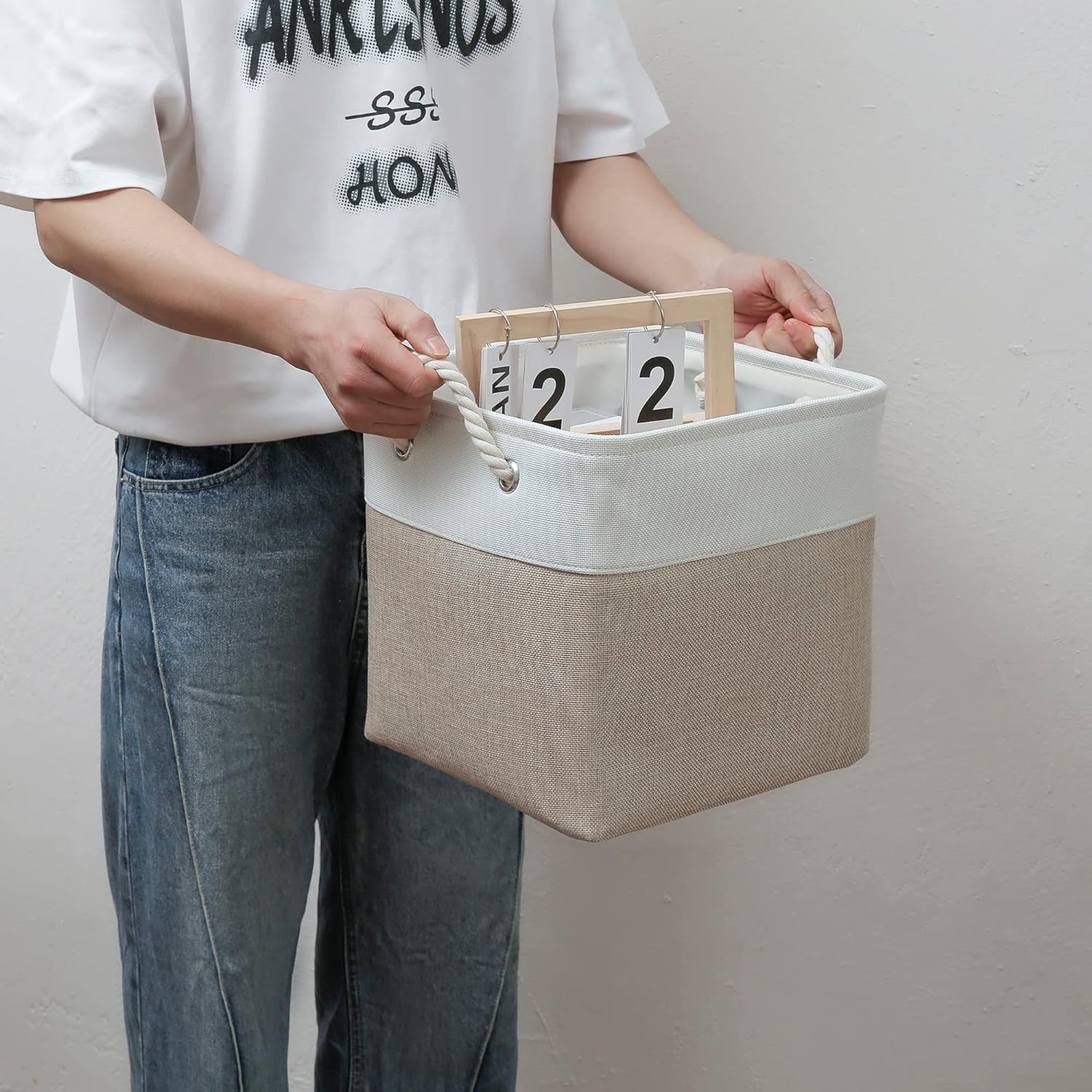 11 x 11 Inch Cube Storage Bins, 6 Pack Large Collapsible Fabric Storage Bin with Ropes, Foldable Storage Cubes for Home, Office,Closet, Clothes, Toys Organizer (White & Beige-11"x11"x11")