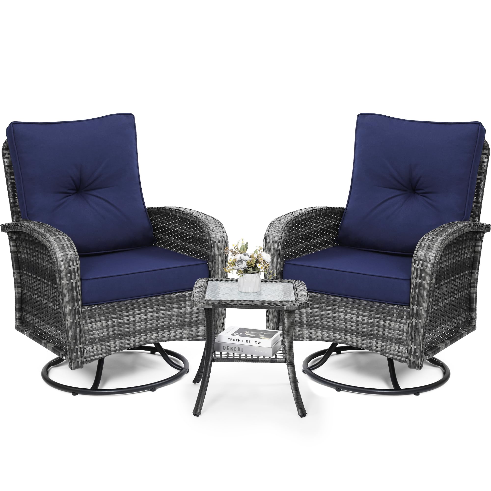 Luxury Outdoor Swivel Wicker Glider Patio Chairs with Table Set, Overstuffed Washable Cushions, Ideal for Porch, Balcony, Deck, Brown Rattan and Beige Cushion