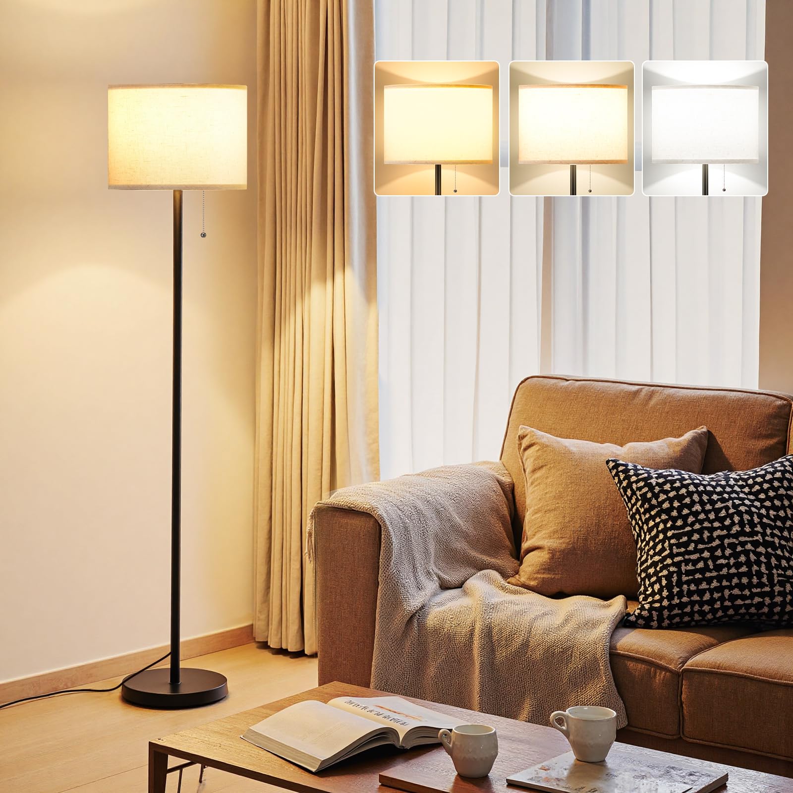 Ambimall 60'' Modern Floor Lamp Set of 2, 2PK Tall Lamps for Living Room Bedroom, Beige Shade with Black Pole(Without Bulb)
