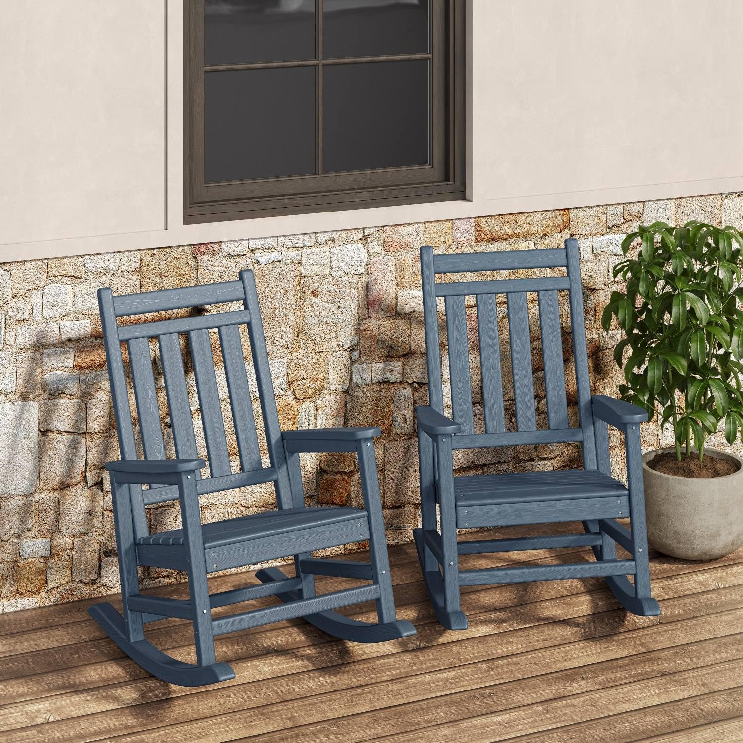 Poly Lumber Rocking Chair Outdoor Set of 2 with Side Table - HDPE High Back Porch Rocker Chairs for Adults - All Weather Resistant Furniture for Patio - Black