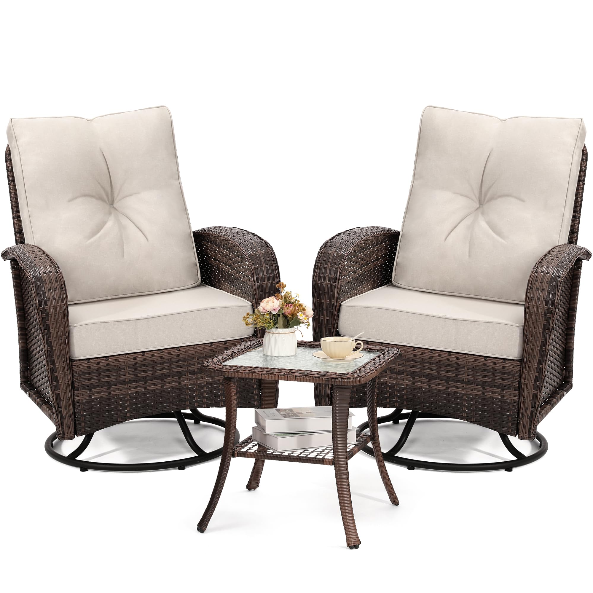 Luxury Outdoor Swivel Wicker Glider Patio Chairs with Table Set, Overstuffed Washable Cushions, Ideal for Porch, Balcony, Deck, Brown Rattan and Beige Cushion