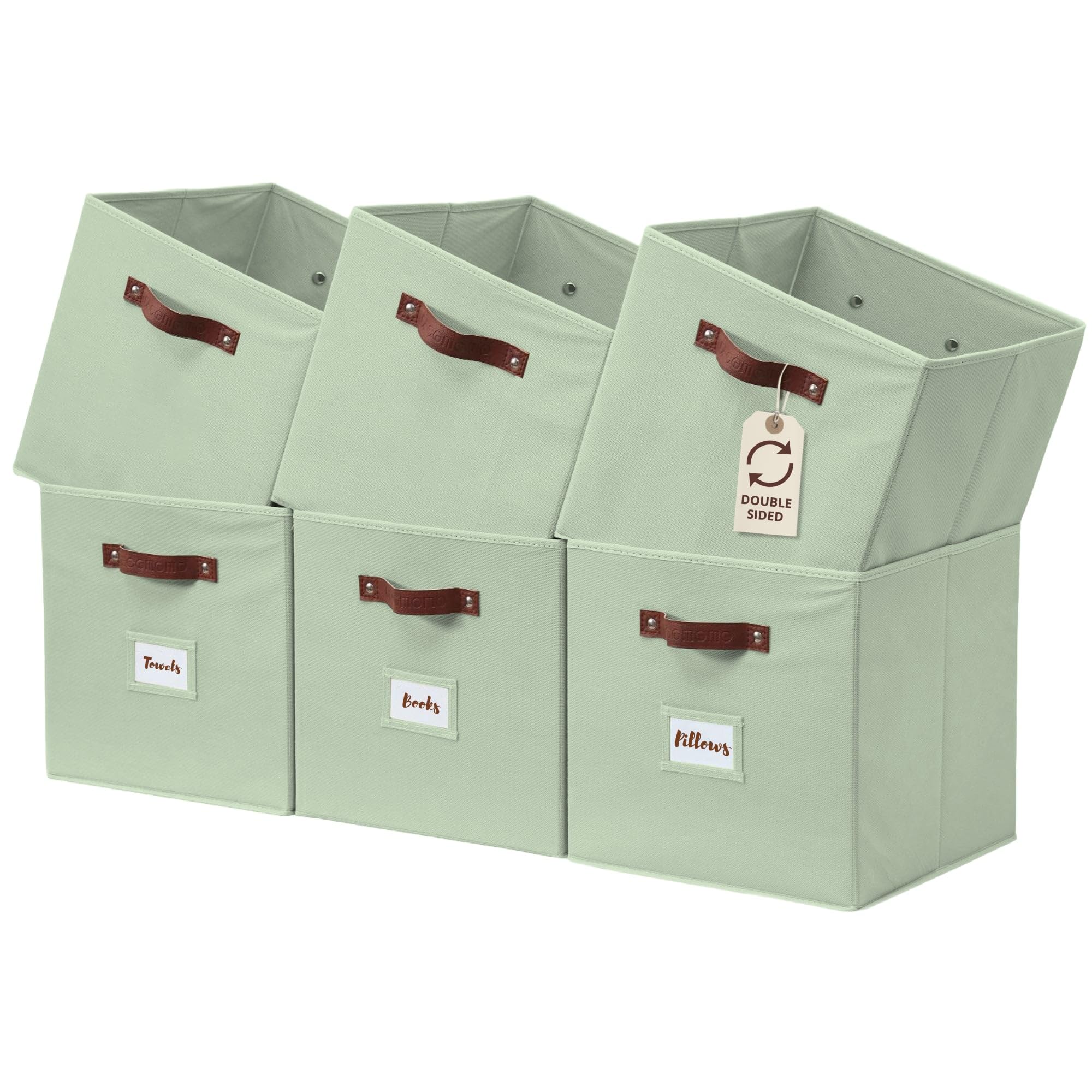 DECOMOMO Storage Bins, Cube Storage Bin with Labels, Fabric Storage Cubes for Shelves (10.5" x 11" / 6pcs, Sage Green)