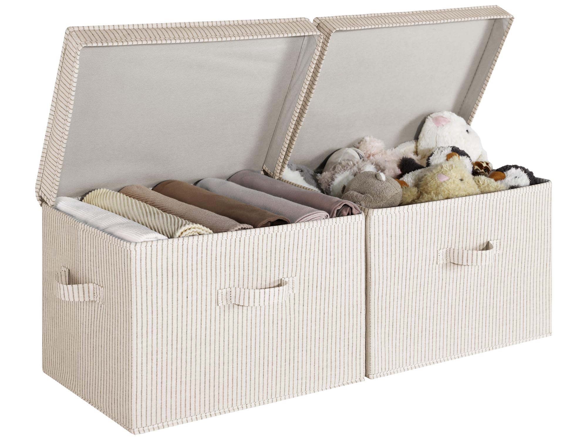 StorageWorks Fabric Storage Bins with Lid, Decorative Storage Boxes for Shelves, Stackable Closet Organizer Basket with Handles, Large, Ivory White, 2-Pack