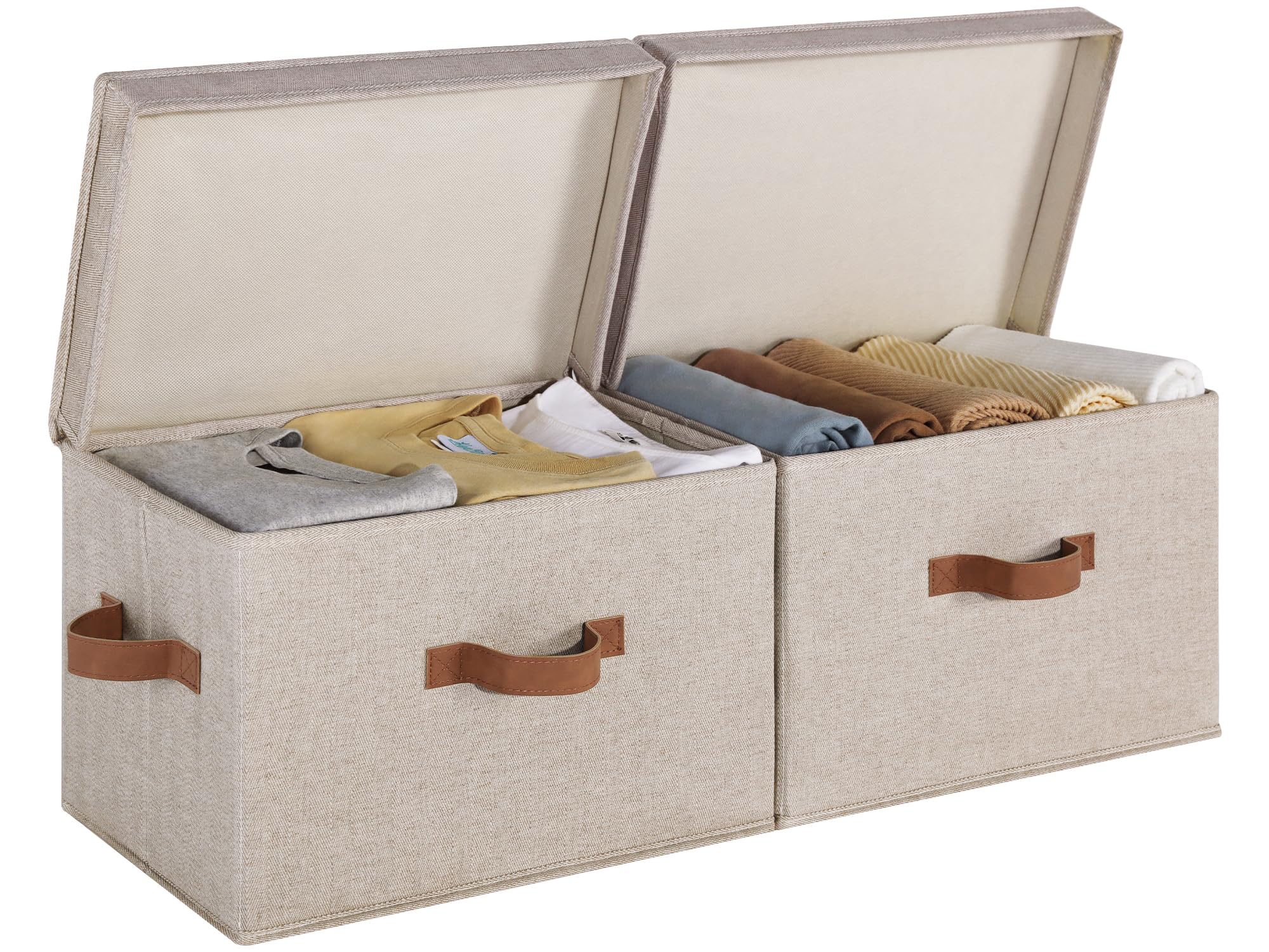 StorageWorks Fabric Storage Bins with Lid, Decorative Storage Boxes for Shelves, Stackable Closet Organizer Basket with Handles, Large, Ivory White, 2-Pack