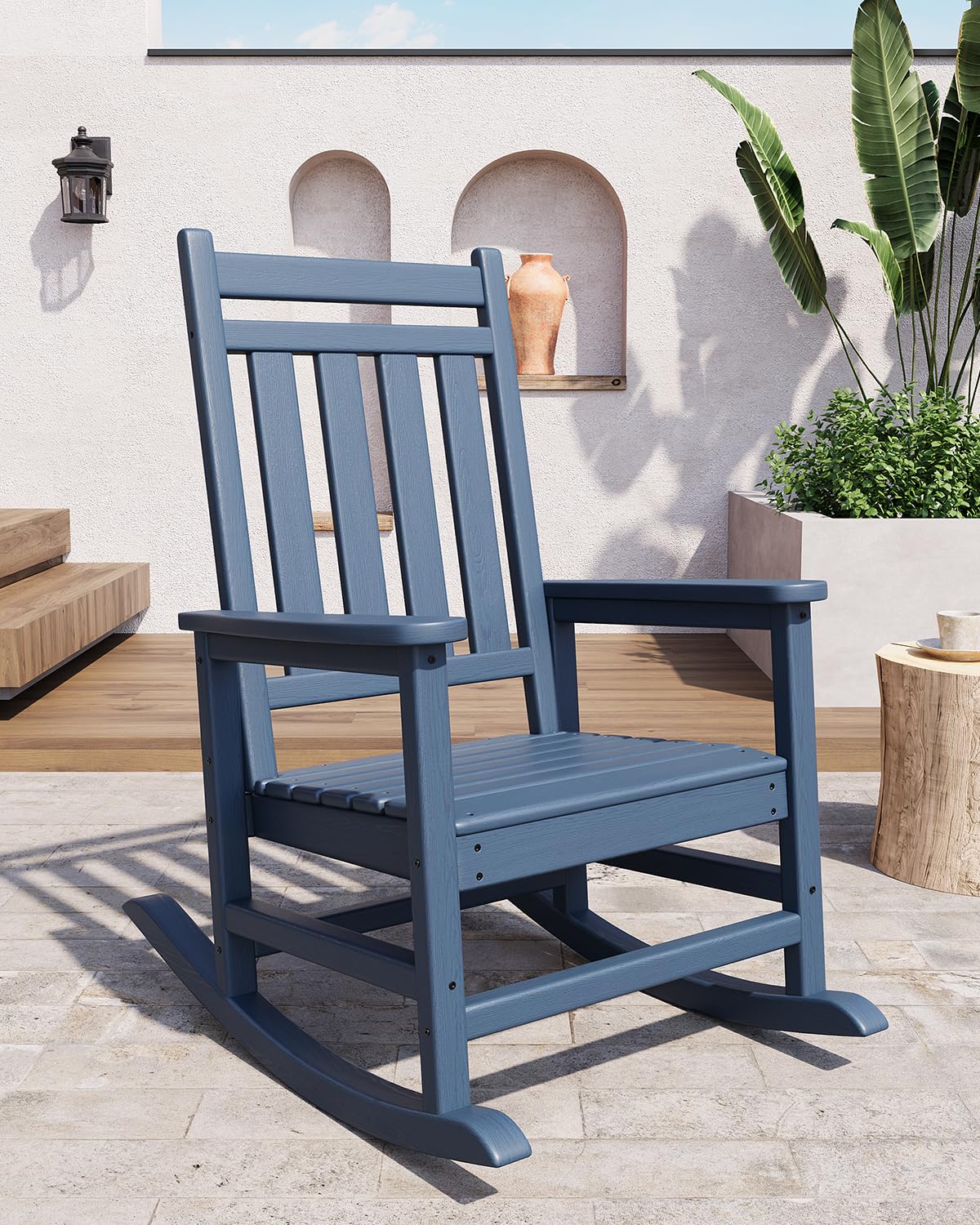 Poly Lumber Rocking Chair Outdoor Set of 2 with Side Table - HDPE High Back Porch Rocker Chairs for Adults - All Weather Resistant Furniture for Patio - Black
