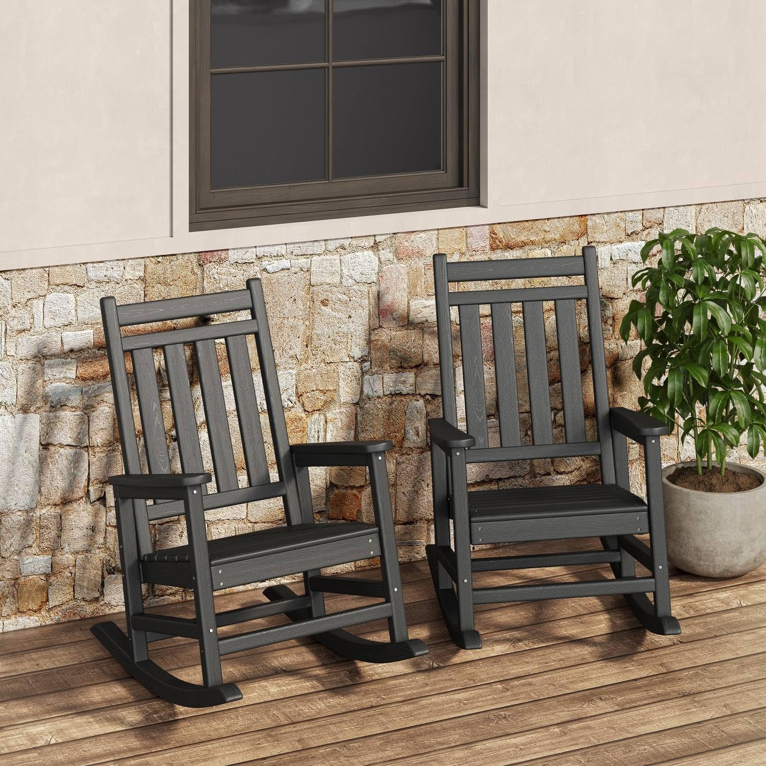 Poly Lumber Rocking Chair Outdoor Set of 2 with Side Table - HDPE High Back Porch Rocker Chairs for Adults - All Weather Resistant Furniture for Patio - Black