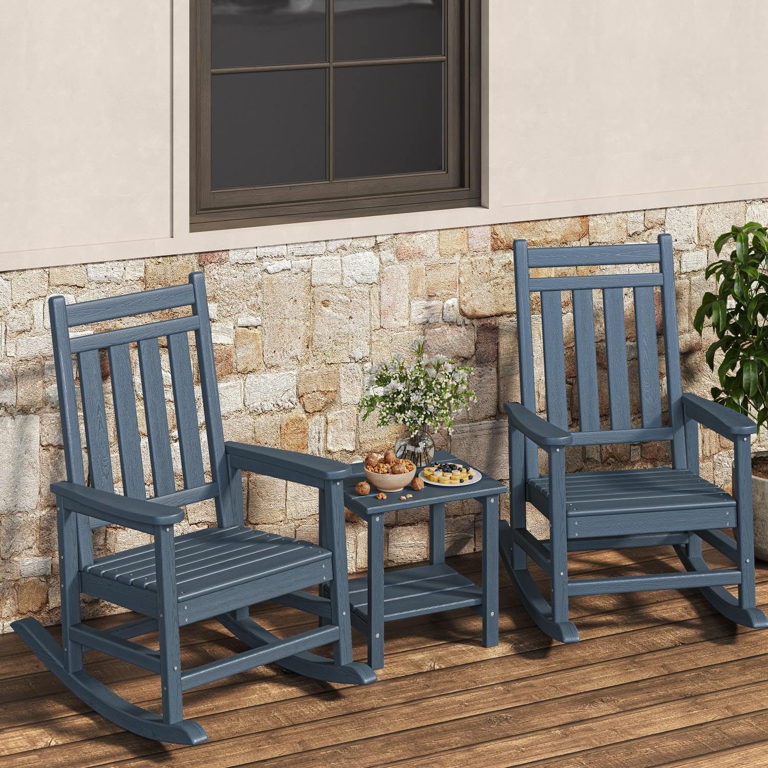 Poly Lumber Rocking Chair Outdoor Set of 2 with Side Table - HDPE High Back Porch Rocker Chairs for Adults - All Weather Resistant Furniture for Patio - Black