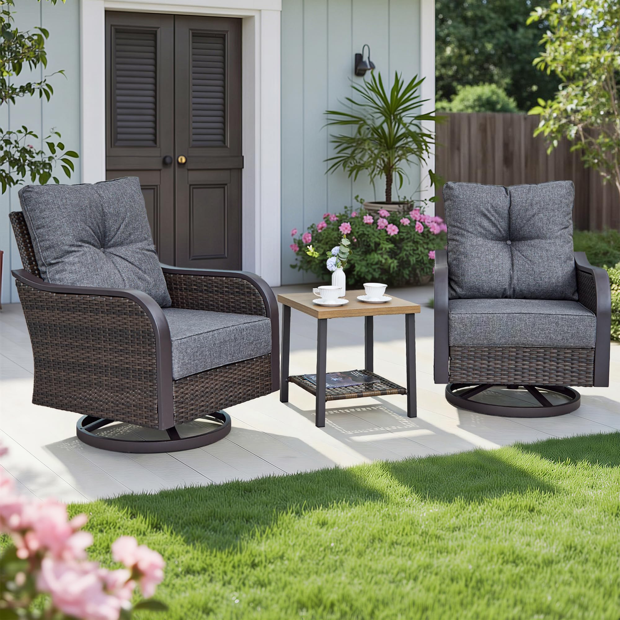 Outdoor Patio Swivel Rocking Chairs Set, Patio Porch Furniture with 6" Thick Cushions, 3 Pieces Outdoor Bistro Set with Coffee Table for Balcony, 350lbs, Dark Grey