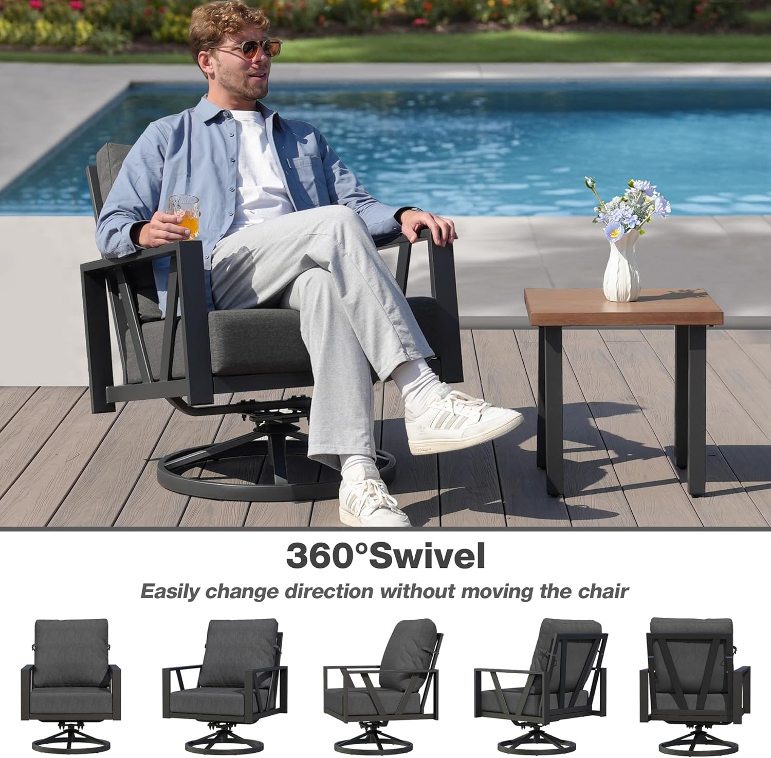 Outdoor Patio Swivel Rocking Chairs Set, Patio Porch Furniture with 6" Thick Cushions, 3 Pieces Outdoor Bistro Set with Coffee Table for Balcony, 350lbs, Dark Grey