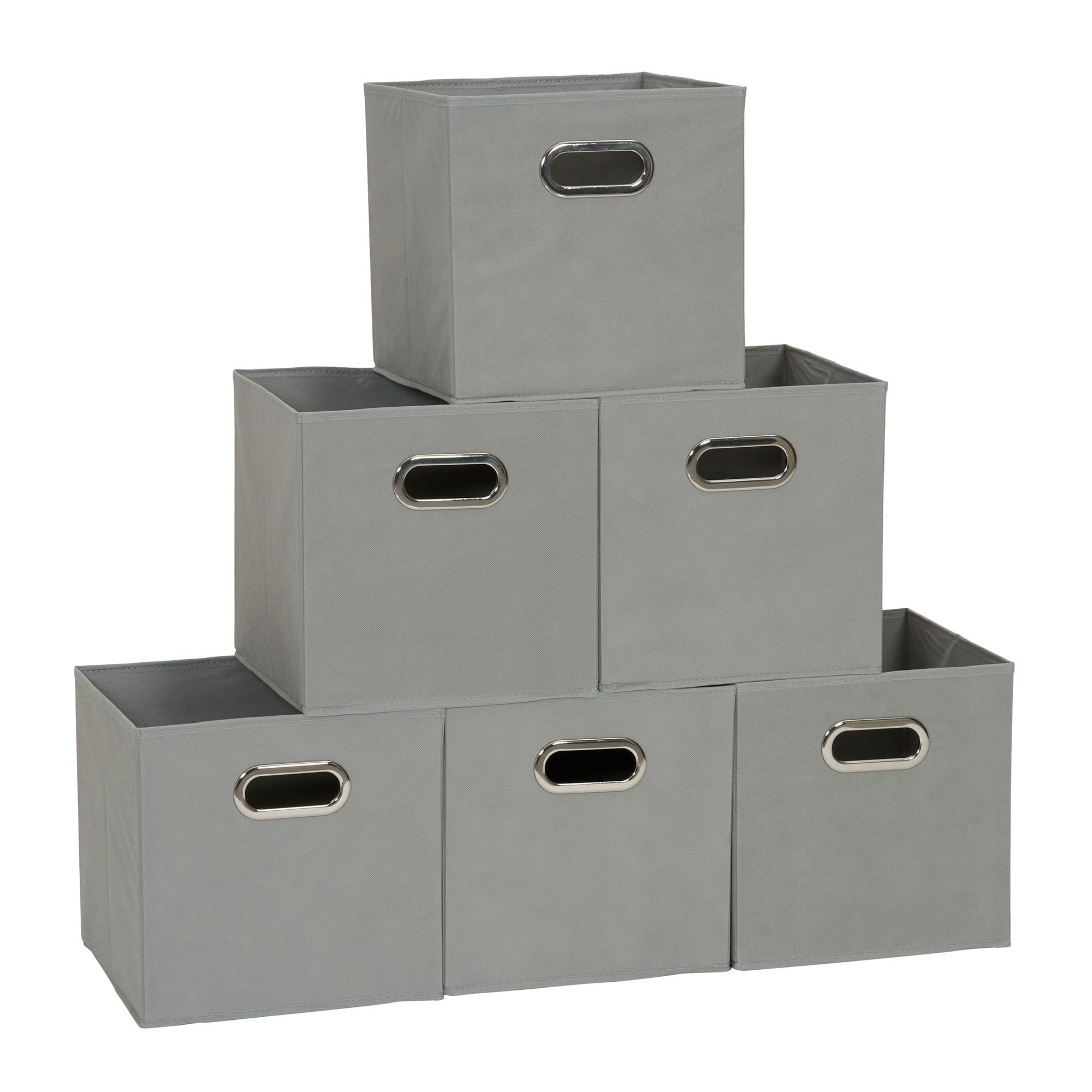 Household Essentials Foldable Fabric Storage Bins 6 Piece Set, Strong Poly-Woven Fabric, Sturdy Chipboard Sides, Grommet Front Handle, Stackable and Foldable, Classic Design, Black
