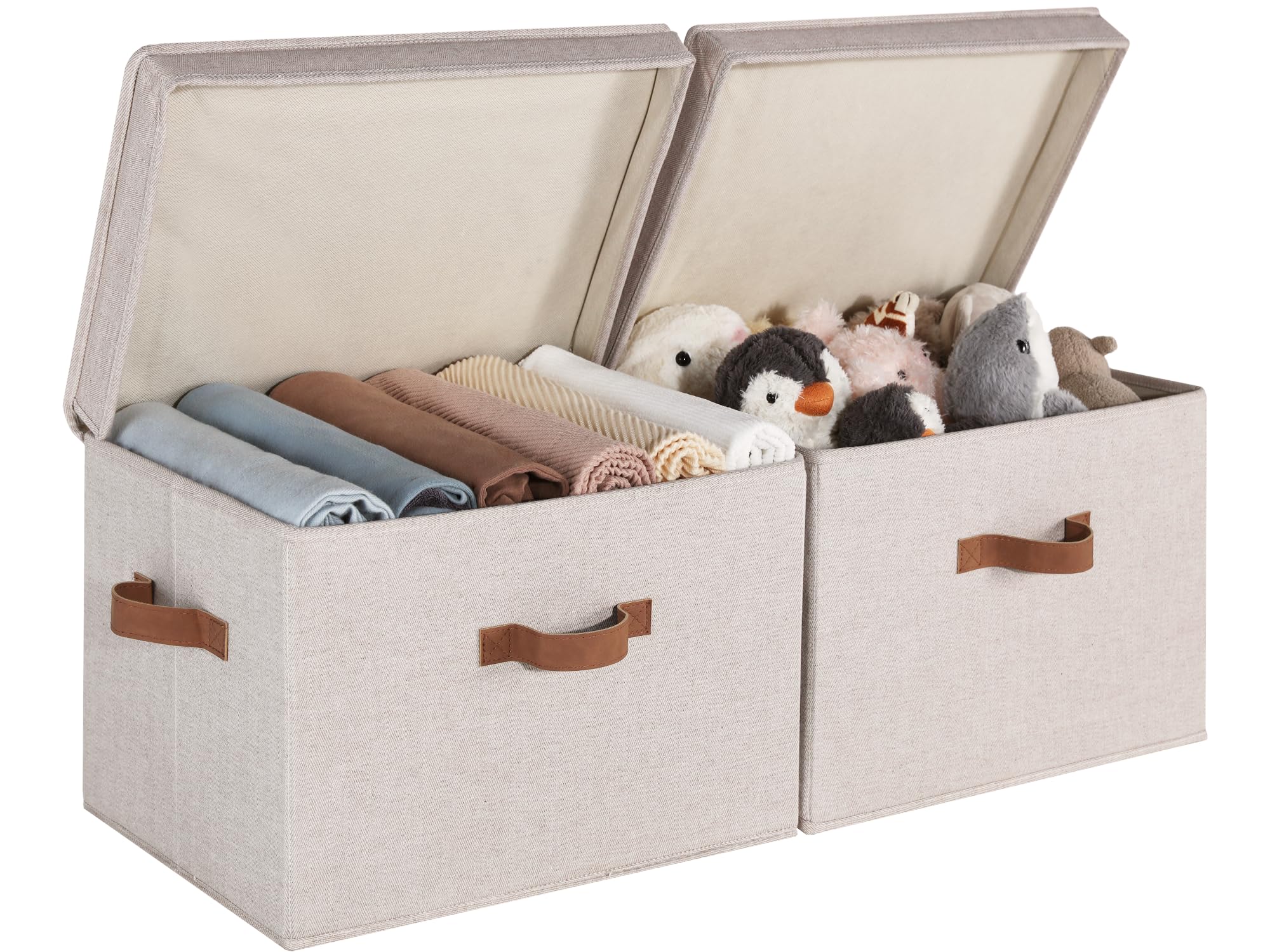 StorageWorks Fabric Storage Bins with Lid, Decorative Storage Boxes for Shelves, Stackable Closet Organizer Basket with Handles, Large, Ivory White, 2-Pack
