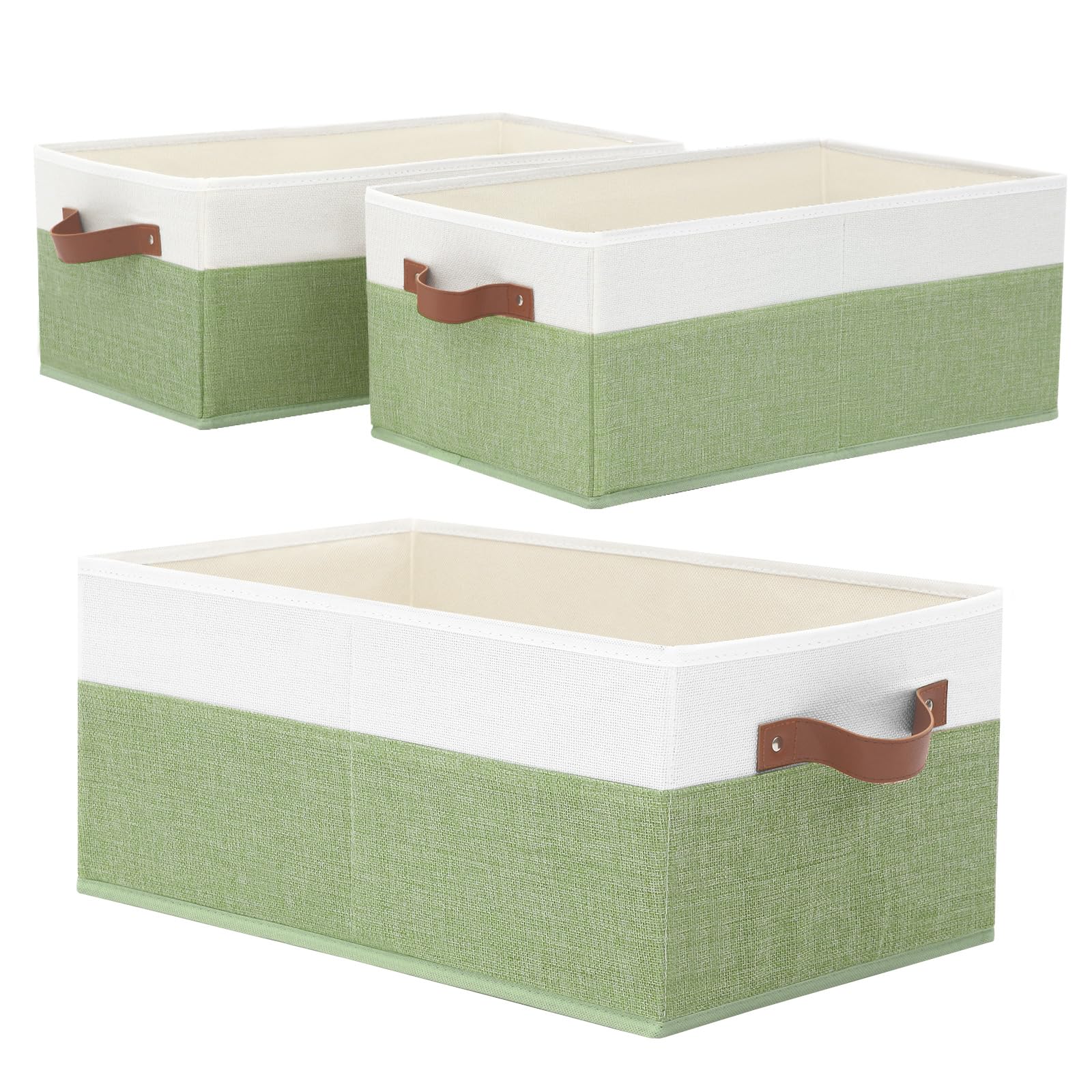 3 Pack Large Capacity Storage Bins Closet Organizer for Shelves, Fabric Closet Storage Baskets Boxes with Leather Handles for Organizing Clothes, Sheets, Jeans, Toys, Books (Green)