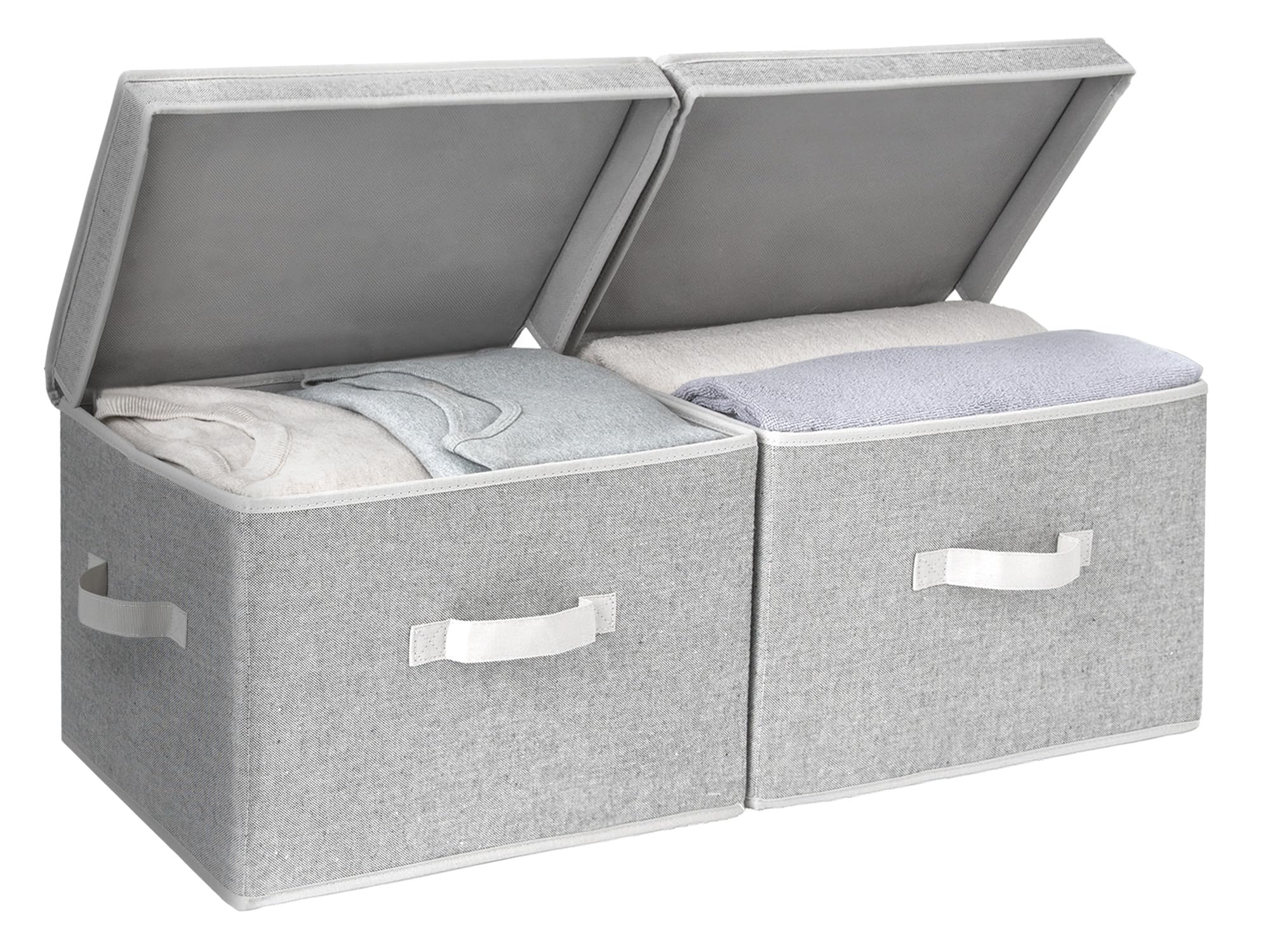 StorageWorks Fabric Storage Bins with Lid, Decorative Storage Boxes for Shelves, Stackable Closet Organizer Basket with Handles, Large, Ivory White, 2-Pack
