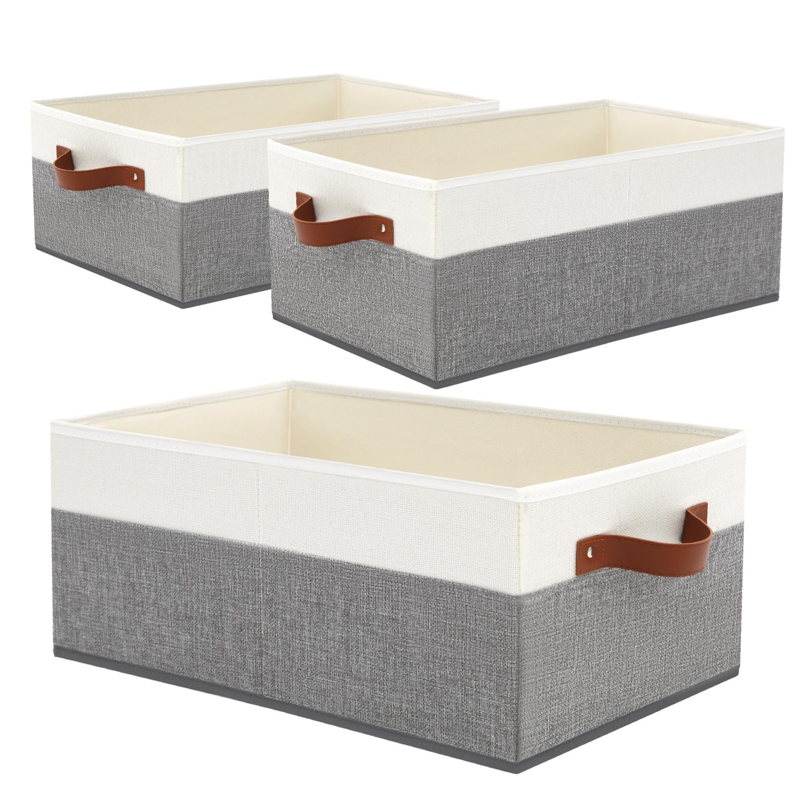 3 Pack Large Capacity Storage Bins Closet Organizer for Shelves, Fabric Closet Storage Baskets Boxes with Leather Handles for Organizing Clothes, Sheets, Jeans, Toys, Books (Green)
