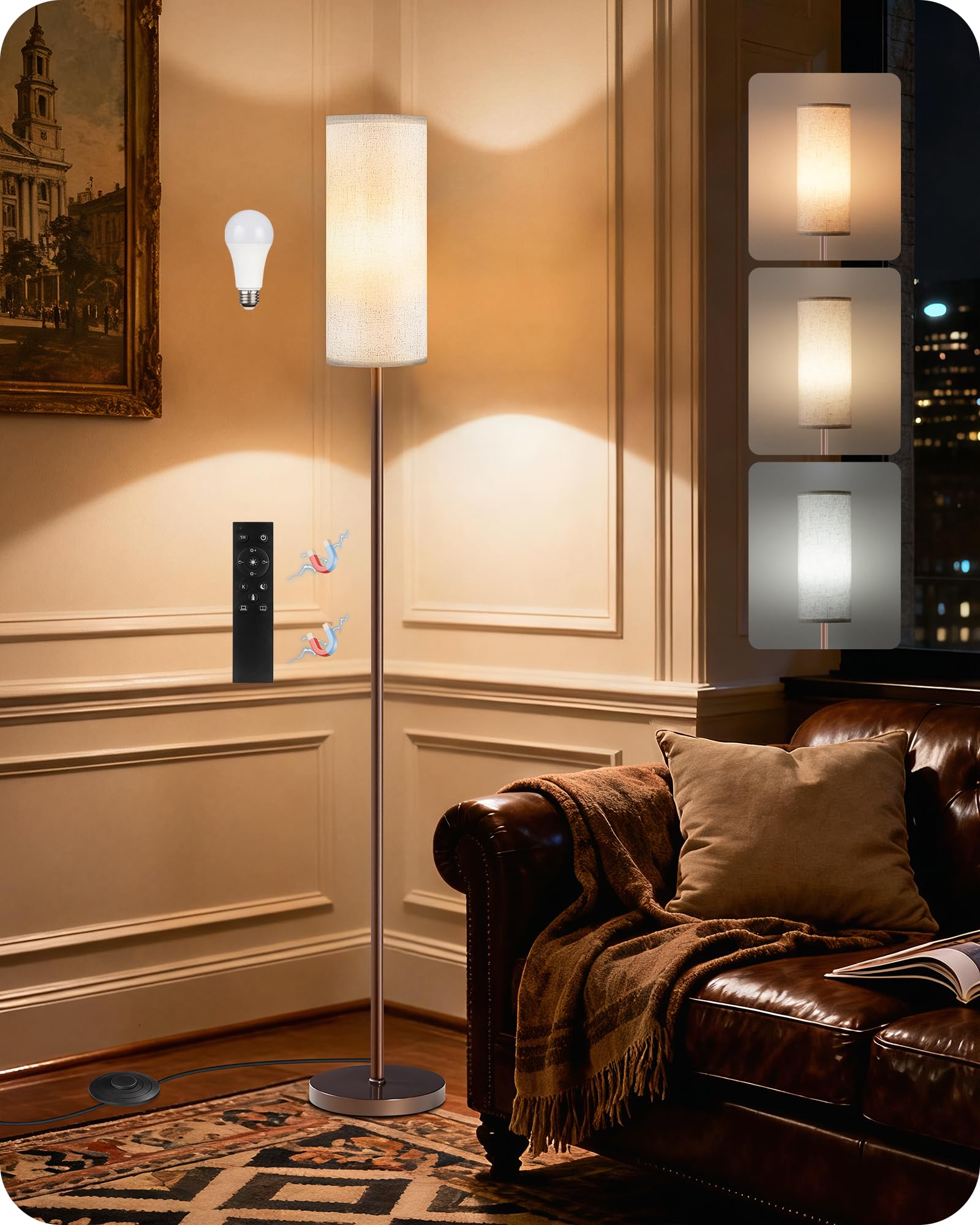 Set of 2 Dimmable Floor Lamps for Living Room with 2 Remotes and Foot Switch, 64.4”Modern Standing Tall Lamp, Corner Lamp for Bedroom, Bulb Included, 3000K-6500K, Beige Shade E06LDP205W1