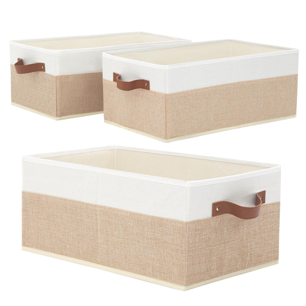 3 Pack Large Capacity Storage Bins Closet Organizer for Shelves, Fabric Closet Storage Baskets Boxes with Leather Handles for Organizing Clothes, Sheets, Jeans, Toys, Books (Green)