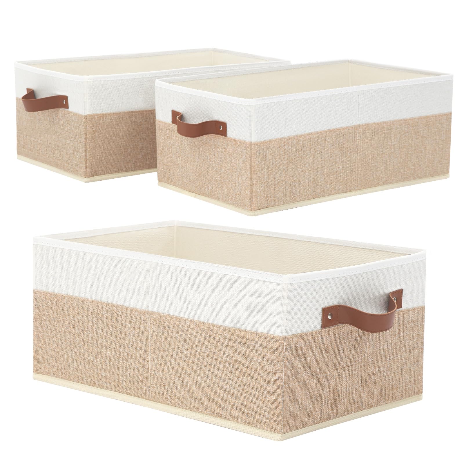 3 Pack Large Capacity Storage Bins Closet Organizer for Shelves, Fabric Closet Storage Baskets Boxes with Leather Handles for Organizing Clothes, Sheets, Jeans, Toys, Books (Green)