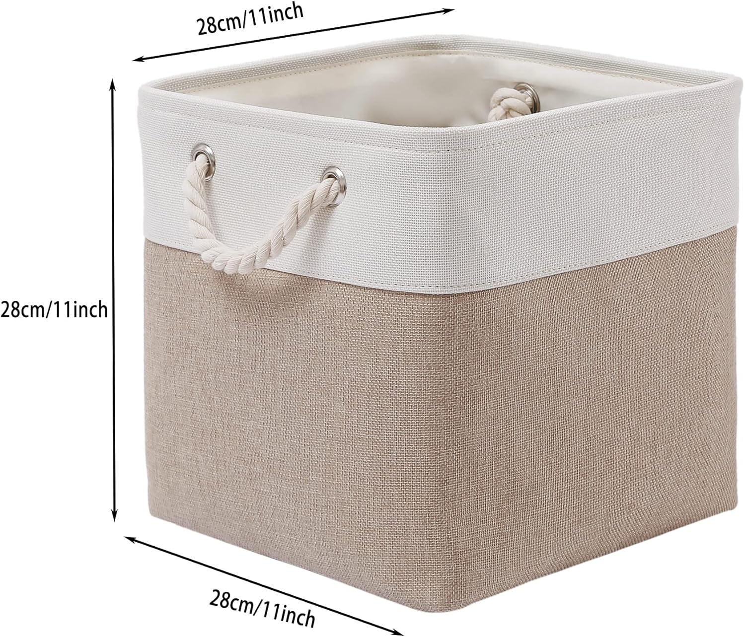 11 x 11 Inch Cube Storage Bins, 6 Pack Large Collapsible Fabric Storage Bin with Ropes, Foldable Storage Cubes for Home, Office,Closet, Clothes, Toys Organizer (White & Beige-11"x11"x11")