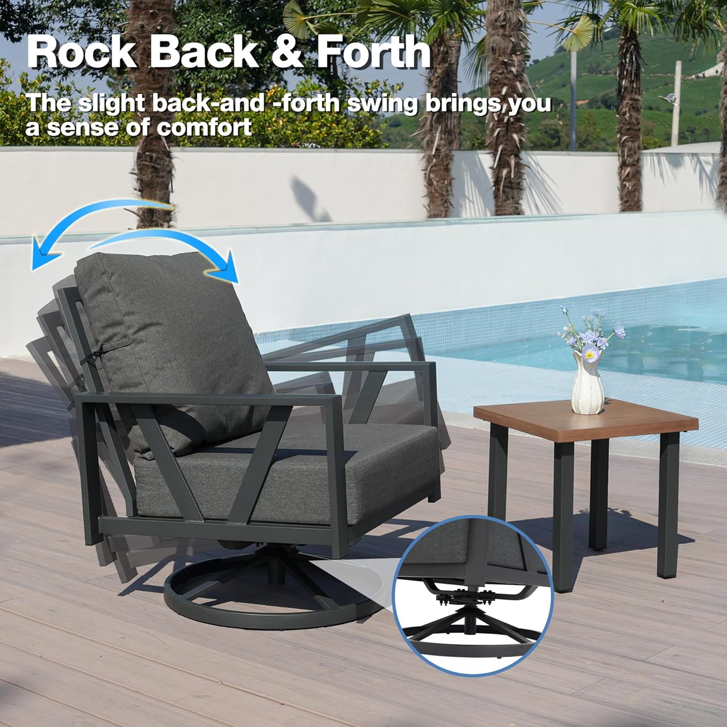Outdoor Patio Swivel Rocking Chairs Set, Patio Porch Furniture with 6" Thick Cushions, 3 Pieces Outdoor Bistro Set with Coffee Table for Balcony, 350lbs, Dark Grey