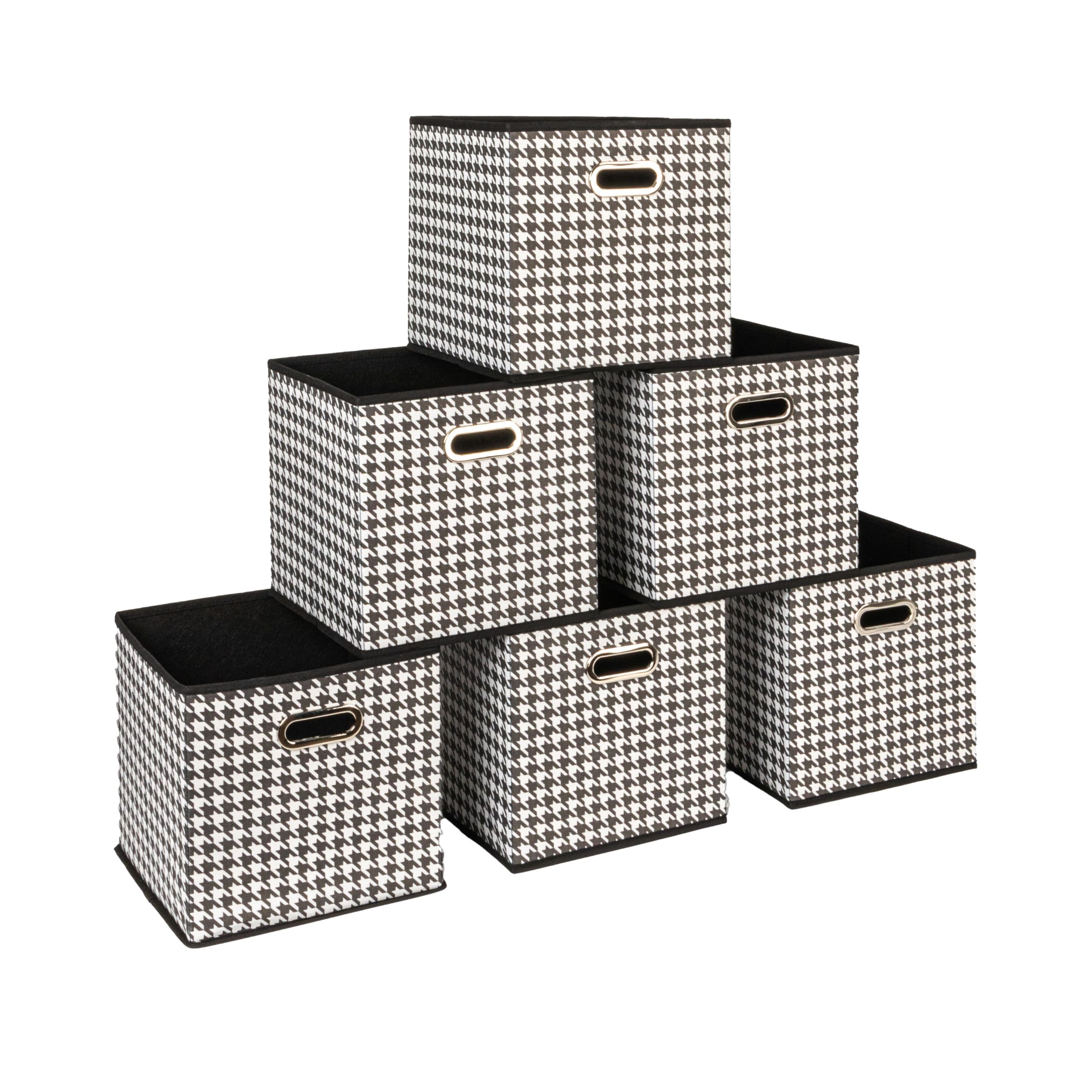 Household Essentials Foldable Fabric Storage Bins 6 Piece Set, Strong Poly-Woven Fabric, Sturdy Chipboard Sides, Grommet Front Handle, Stackable and Foldable, Classic Design, Black