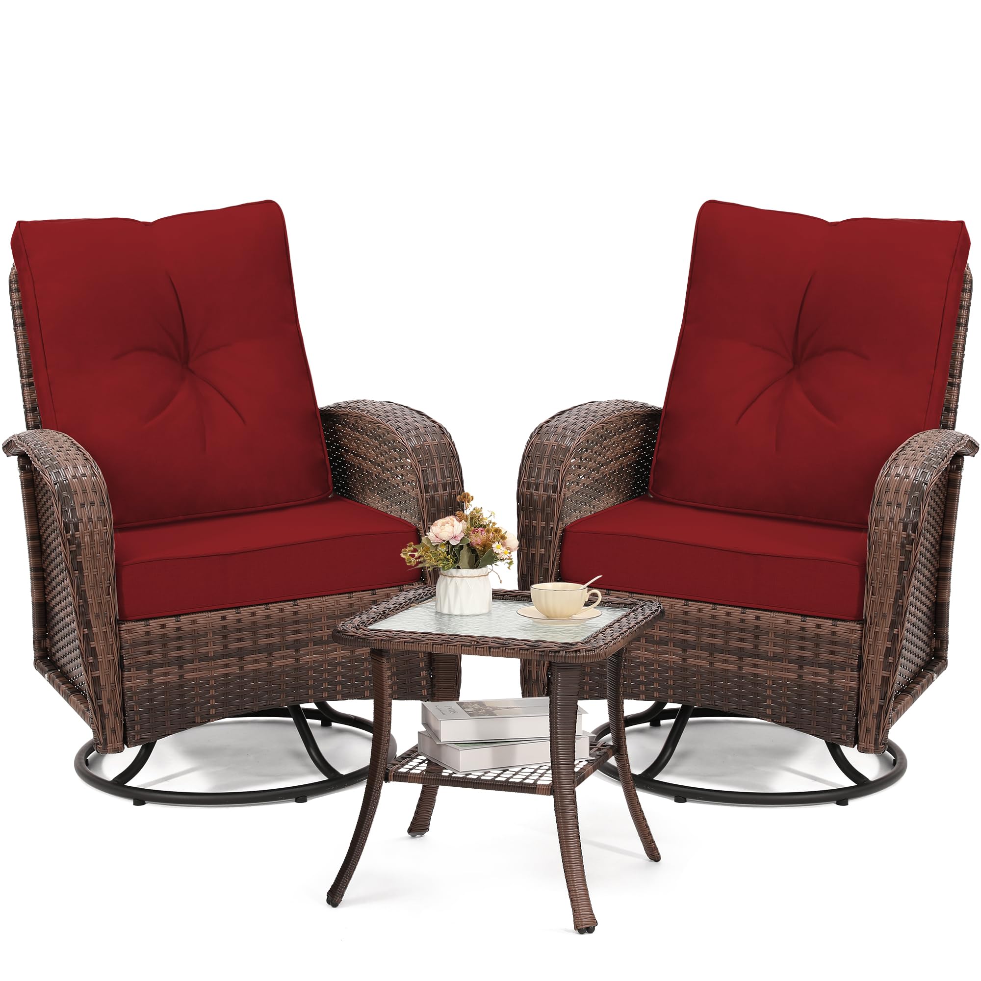 Luxury Outdoor Swivel Wicker Glider Patio Chairs with Table Set, Overstuffed Washable Cushions, Ideal for Porch, Balcony, Deck, Brown Rattan and Beige Cushion