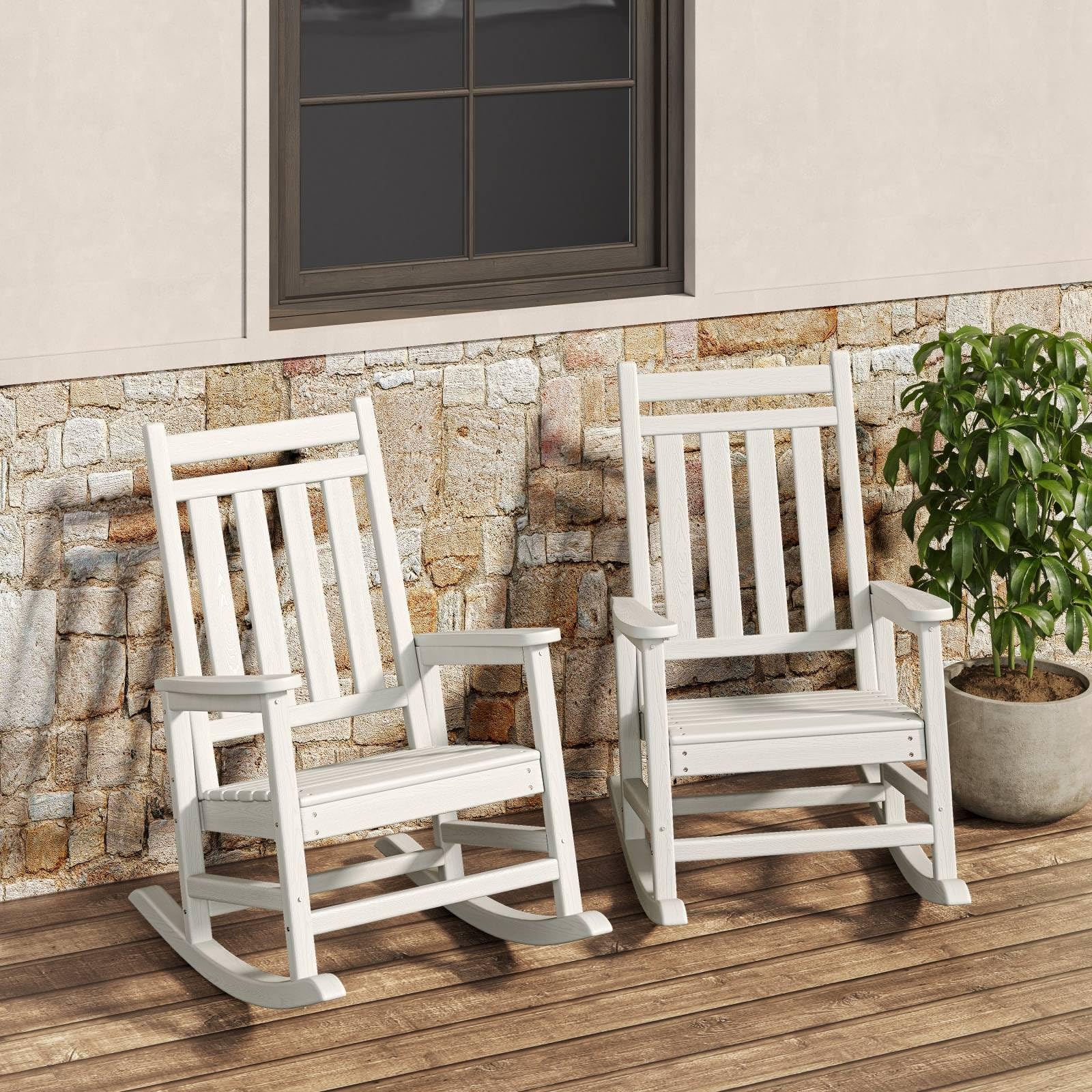 Poly Lumber Rocking Chair Outdoor Set of 2 with Side Table - HDPE High Back Porch Rocker Chairs for Adults - All Weather Resistant Furniture for Patio - Black