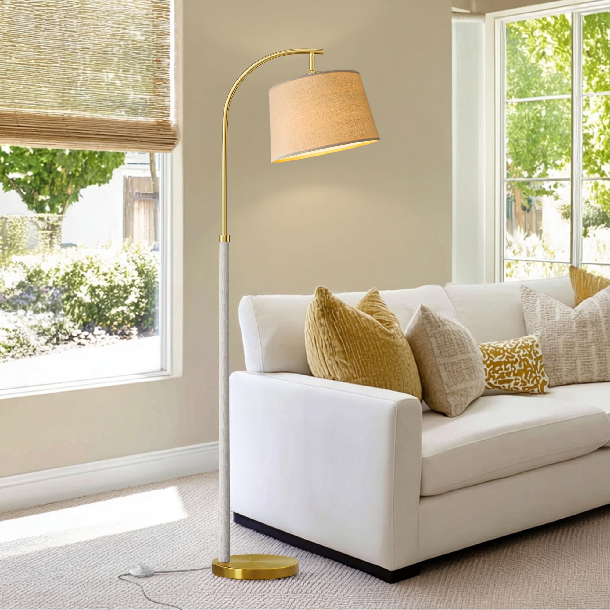 62.5" Wood Floor Lamp for Living Room Gold with Foot Switch Arc Standing Tall Lamps for Bedroom Mid Century Modern Corner Floor Lamps for Office Nursery Industrial Reading Light Room Lamp