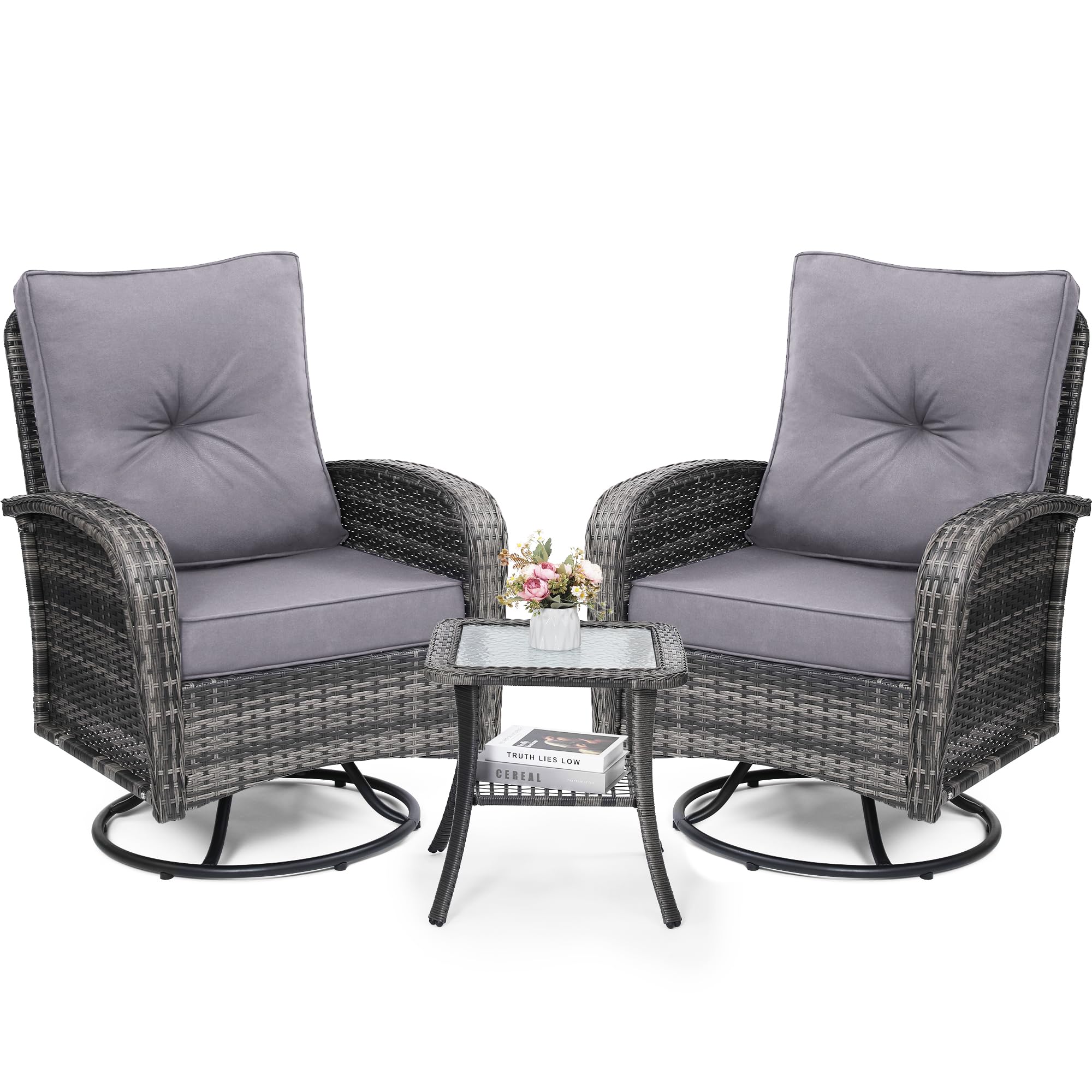 Luxury Outdoor Swivel Wicker Glider Patio Chairs with Table Set, Overstuffed Washable Cushions, Ideal for Porch, Balcony, Deck, Brown Rattan and Beige Cushion
