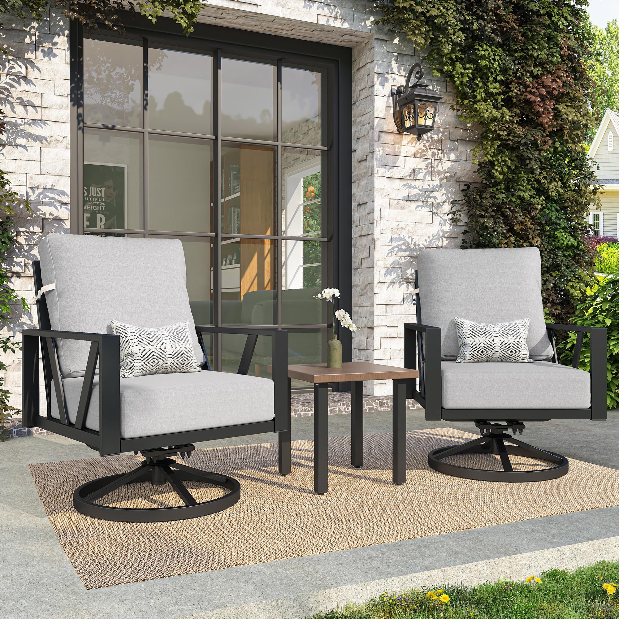 Outdoor Patio Swivel Rocking Chairs Set, Patio Porch Furniture with 6" Thick Cushions, 3 Pieces Outdoor Bistro Set with Coffee Table for Balcony, 350lbs, Dark Grey