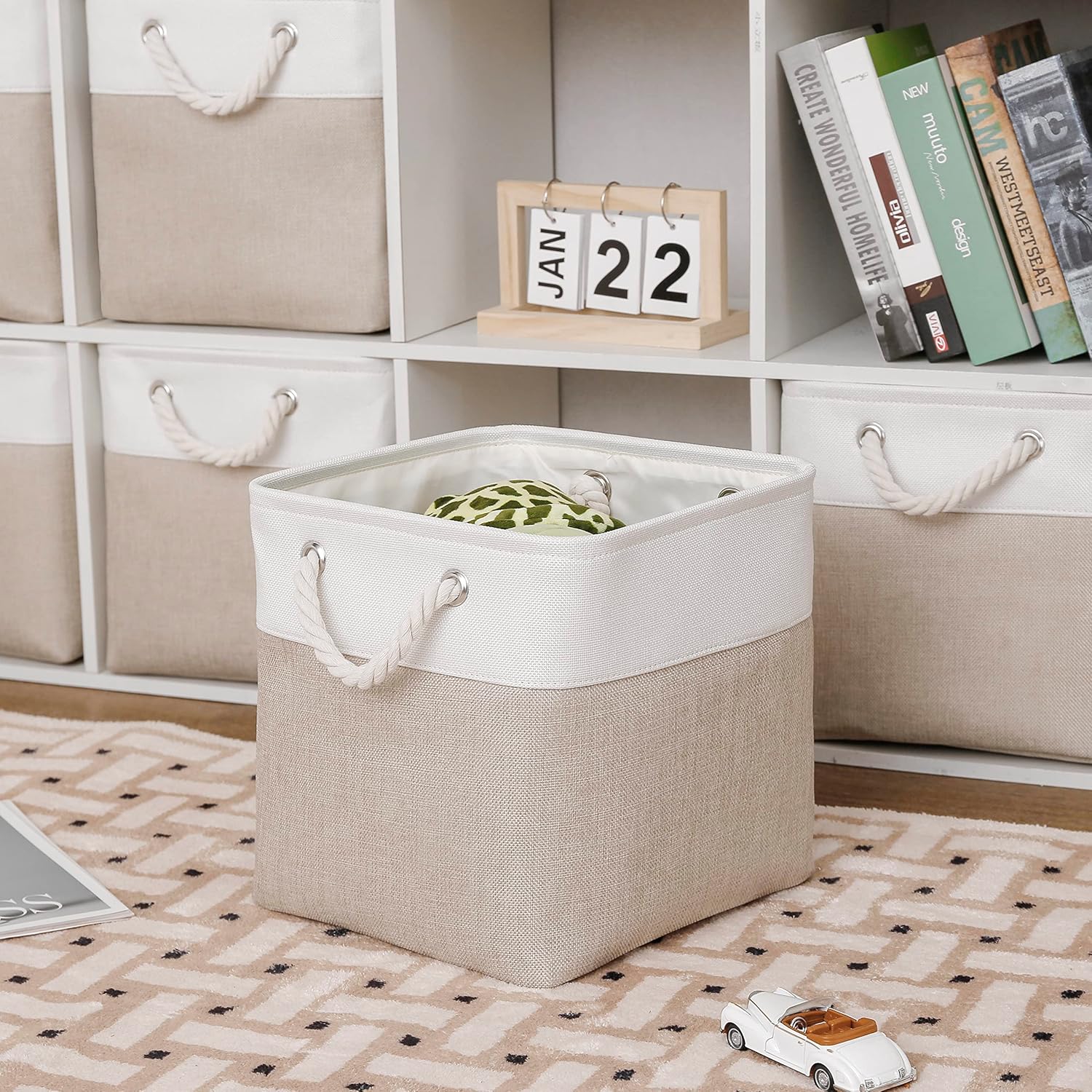 11 x 11 Inch Cube Storage Bins, 6 Pack Large Collapsible Fabric Storage Bin with Ropes, Foldable Storage Cubes for Home, Office,Closet, Clothes, Toys Organizer (White & Beige-11"x11"x11")