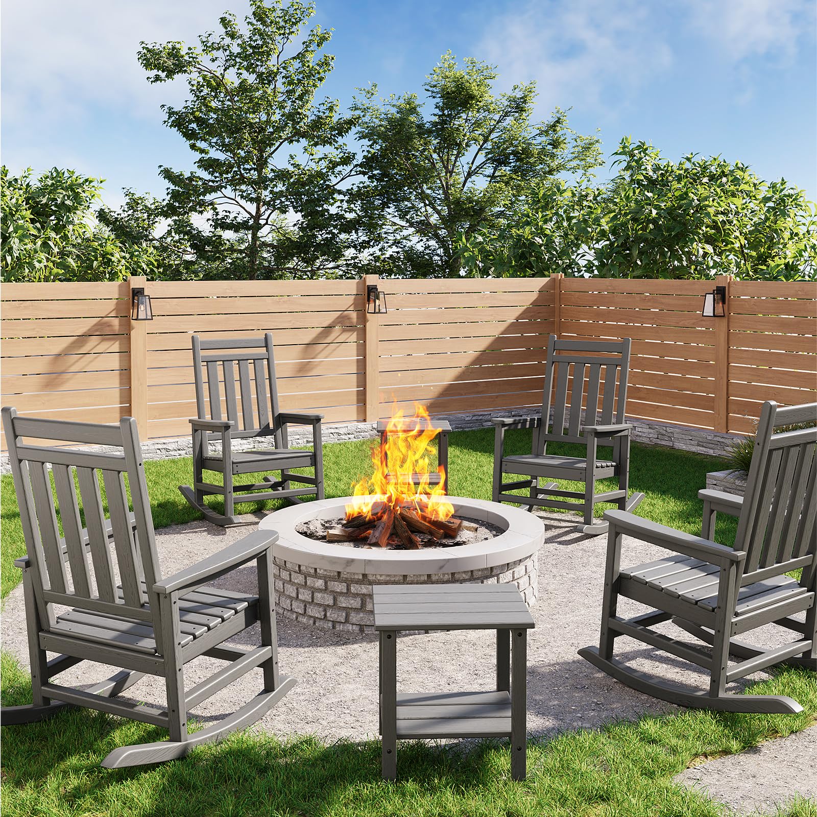 Poly Lumber Rocking Chair Outdoor Set of 2 with Side Table - HDPE High Back Porch Rocker Chairs for Adults - All Weather Resistant Furniture for Patio - Black