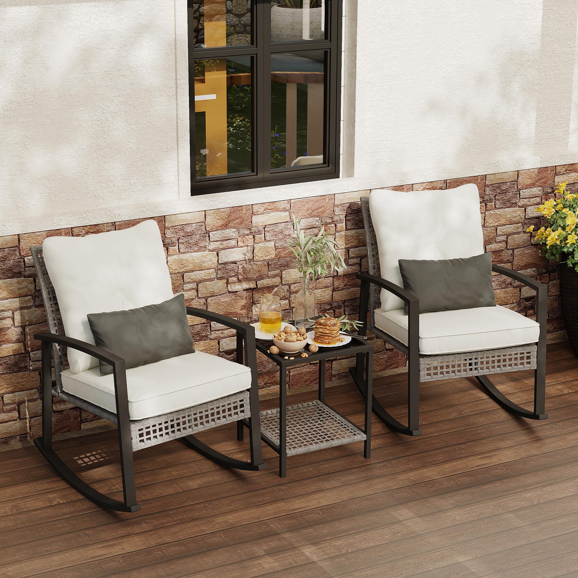 3 Piece Patio Rocking Chairs Set of 2, Outdoor Rocking Chair Bistro Set with Tempered Glass Coffee Table and Thick Lumbar Pillow Set, Front Porch Chairs for Garden, Backyard, Poolside (Beige)