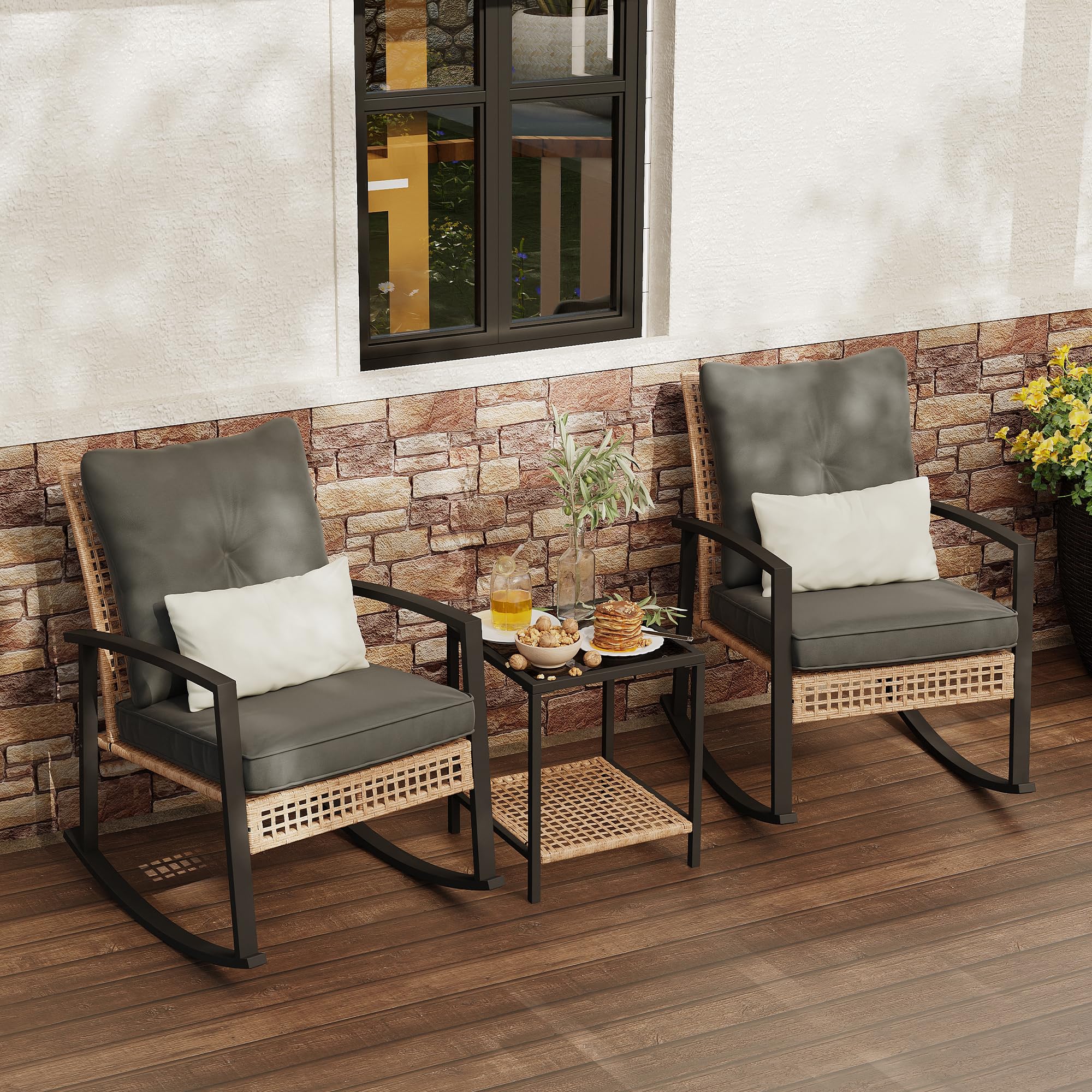 3 Piece Patio Rocking Chairs Set of 2, Outdoor Rocking Chair Bistro Set with Tempered Glass Coffee Table and Thick Lumbar Pillow Set, Front Porch Chairs for Garden, Backyard, Poolside (Beige)