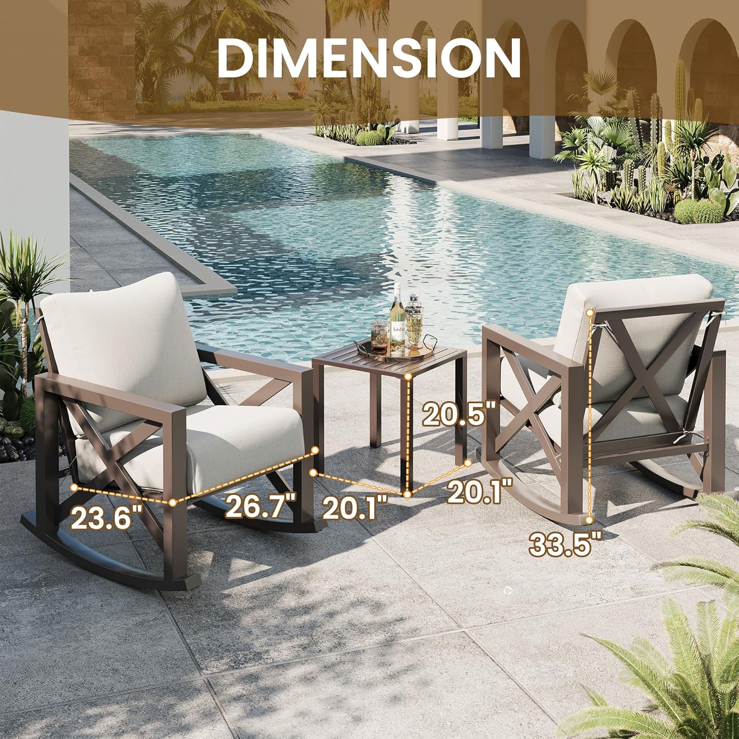 UDPATIO Rocking Chair Outdoor Set 2 with Coffee Table, 3 Piece Metal Rocking Bistro Set with 6.5" Water-Resistant Cushions, Oversized, 350lbs Heavy-Duty, for Porch, Patio, Balcony, Beige