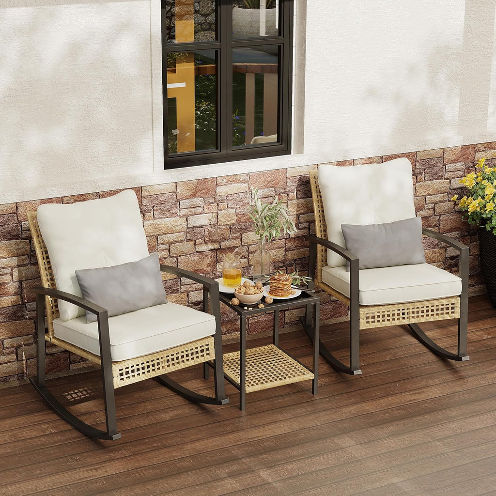 3 Piece Patio Rocking Chairs Set of 2, Outdoor Rocking Chair Bistro Set with Tempered Glass Coffee Table and Thick Lumbar Pillow Set, Front Porch Chairs for Garden, Backyard, Poolside (Beige)