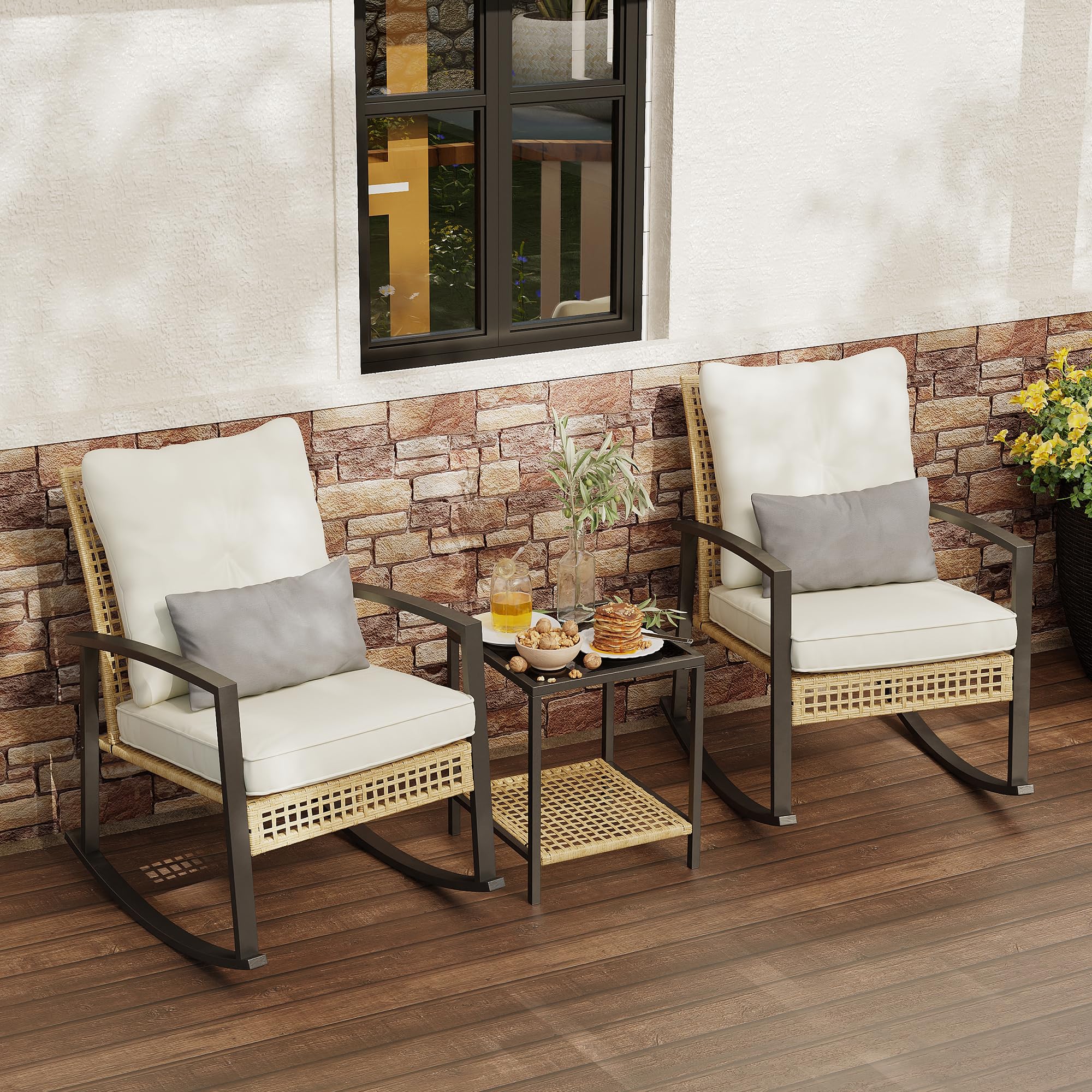 3 Piece Patio Rocking Chairs Set of 2, Outdoor Rocking Chair Bistro Set with Tempered Glass Coffee Table and Thick Lumbar Pillow Set, Front Porch Chairs for Garden, Backyard, Poolside (Beige)