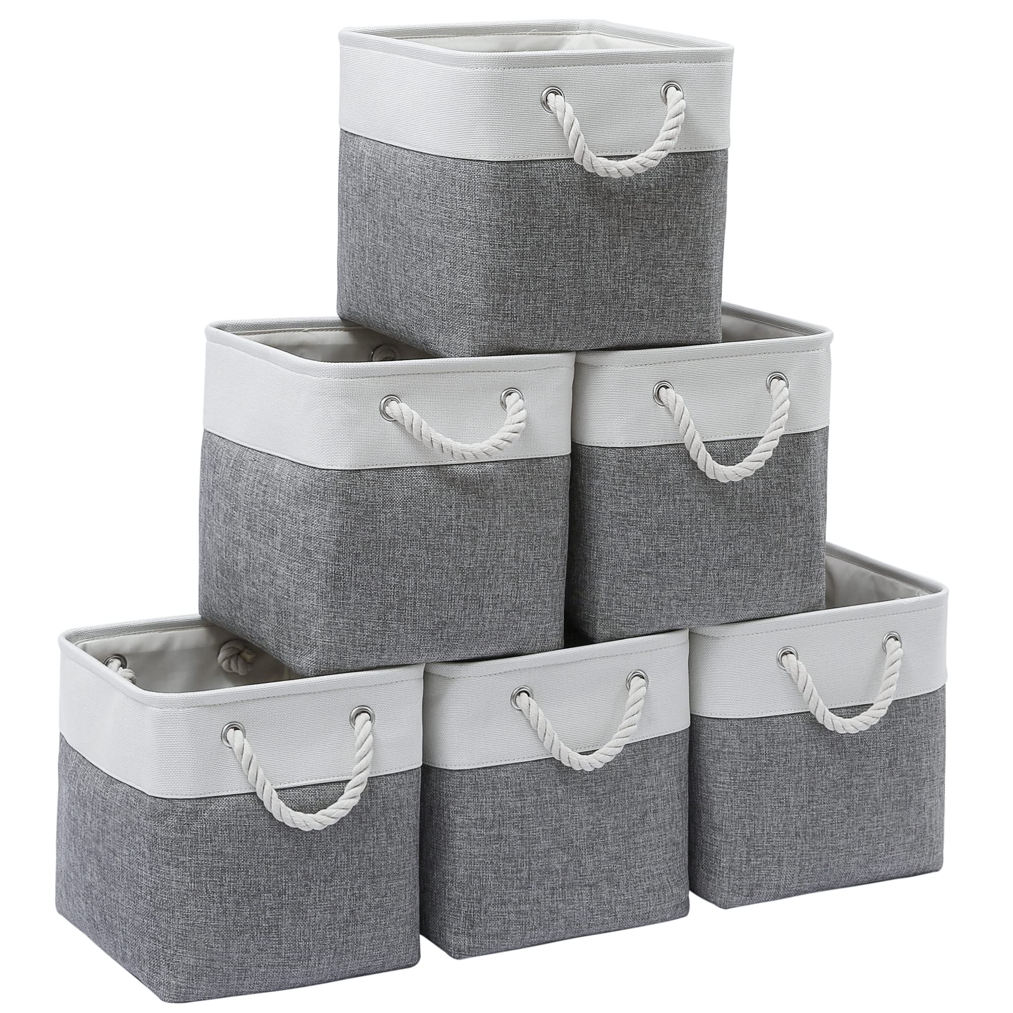 11 x 11 Inch Cube Storage Bins, 6 Pack Large Collapsible Fabric Storage Bin with Ropes, Foldable Storage Cubes for Home, Office,Closet, Clothes, Toys Organizer (White & Beige-11"x11"x11")