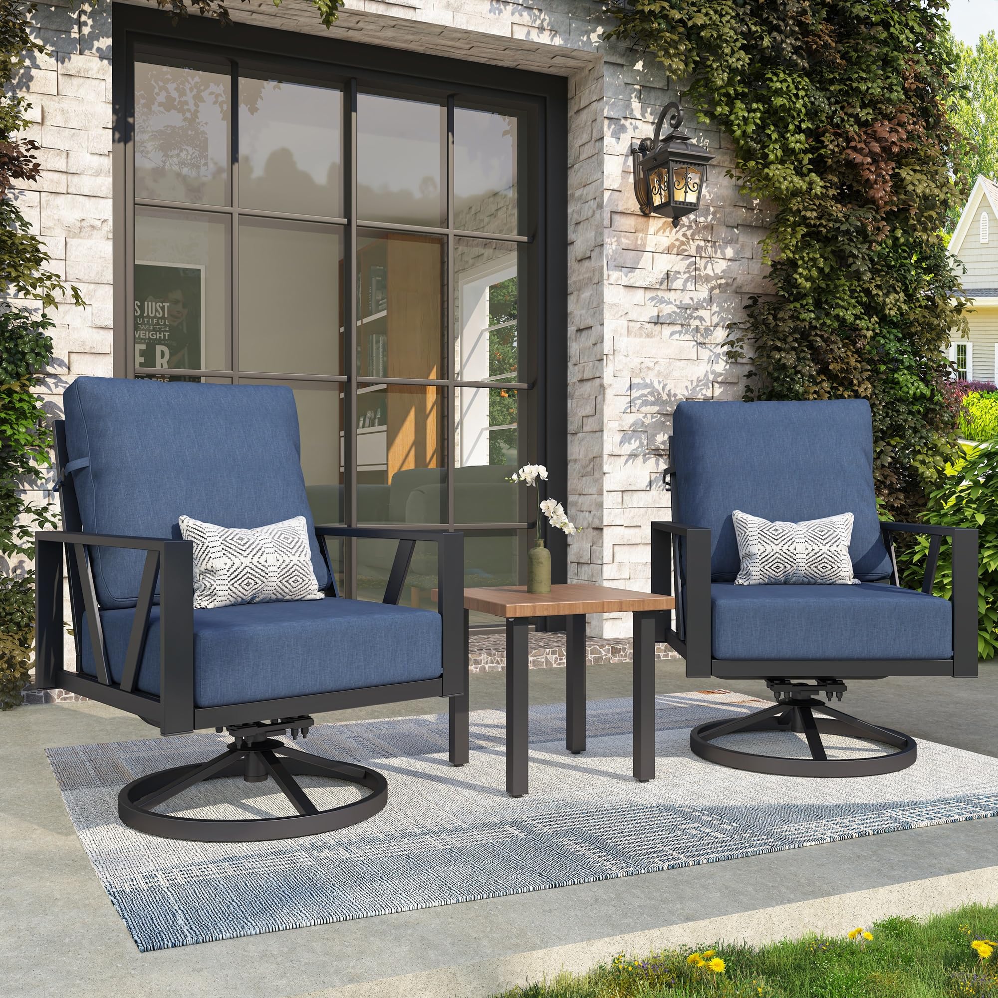 Outdoor Patio Swivel Rocking Chairs Set, Patio Porch Furniture with 6" Thick Cushions, 3 Pieces Outdoor Bistro Set with Coffee Table for Balcony, 350lbs, Dark Grey