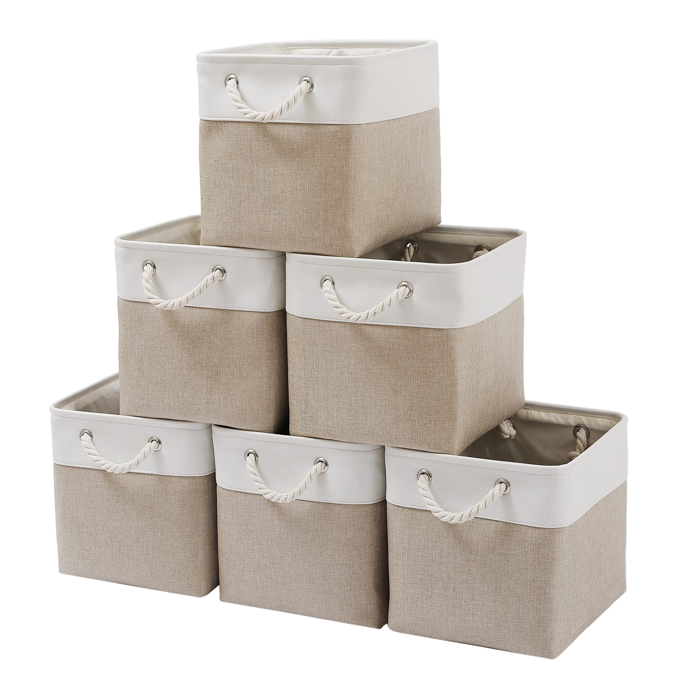 11 x 11 Inch Cube Storage Bins, 6 Pack Large Collapsible Fabric Storage Bin with Ropes, Foldable Storage Cubes for Home, Office,Closet, Clothes, Toys Organizer (White & Beige-11"x11"x11")