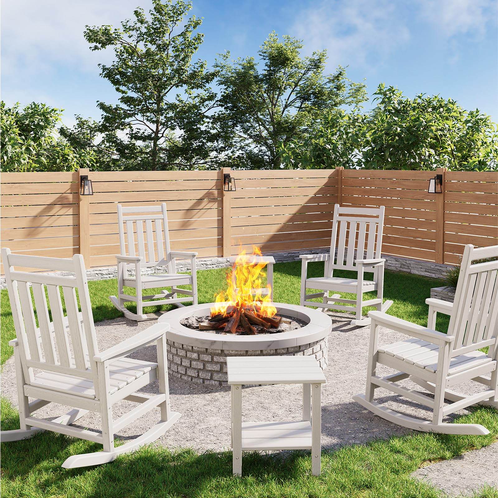 Poly Lumber Rocking Chair Outdoor Set of 2 with Side Table - HDPE High Back Porch Rocker Chairs for Adults - All Weather Resistant Furniture for Patio - Black