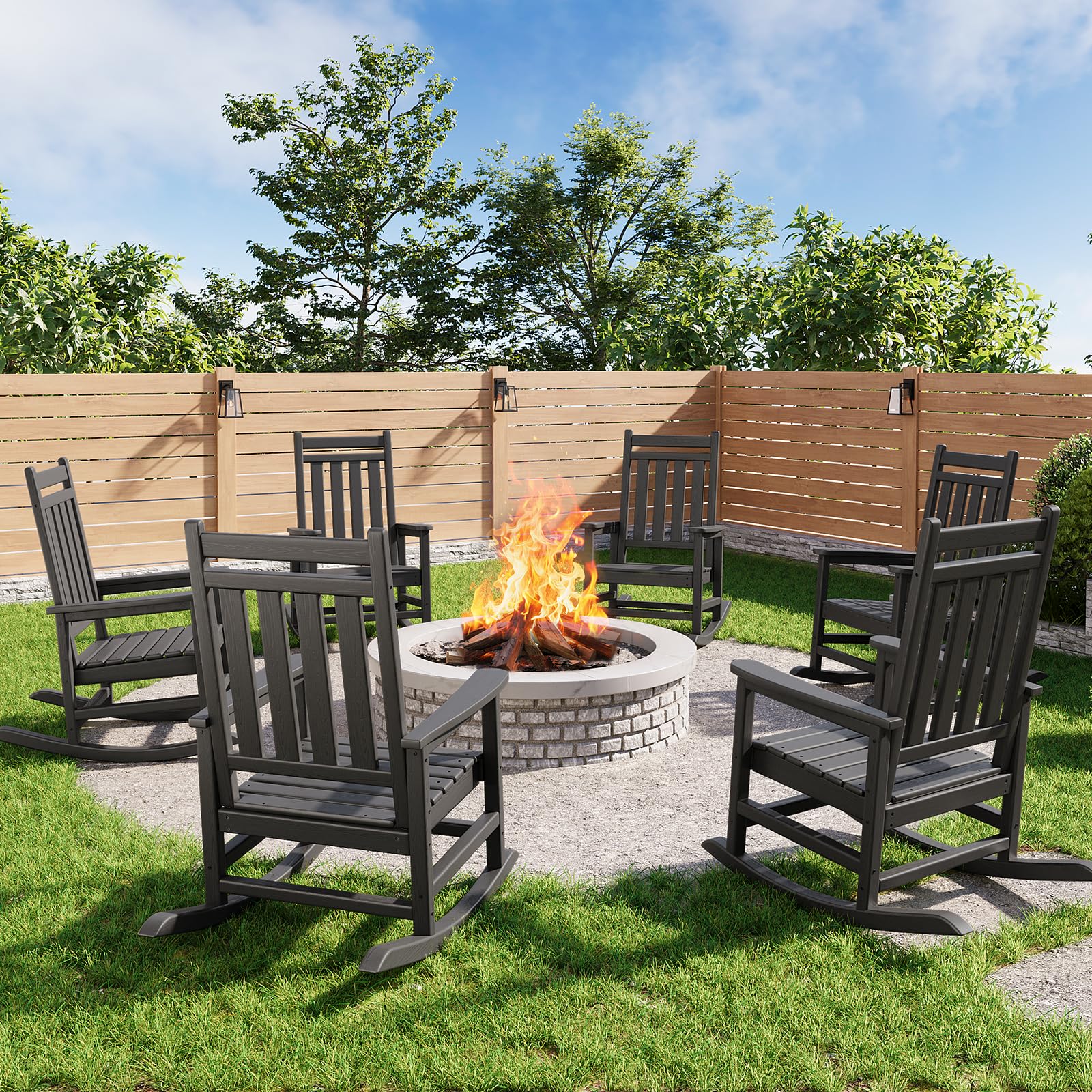 Poly Lumber Rocking Chair Outdoor Set of 2 with Side Table - HDPE High Back Porch Rocker Chairs for Adults - All Weather Resistant Furniture for Patio - Black