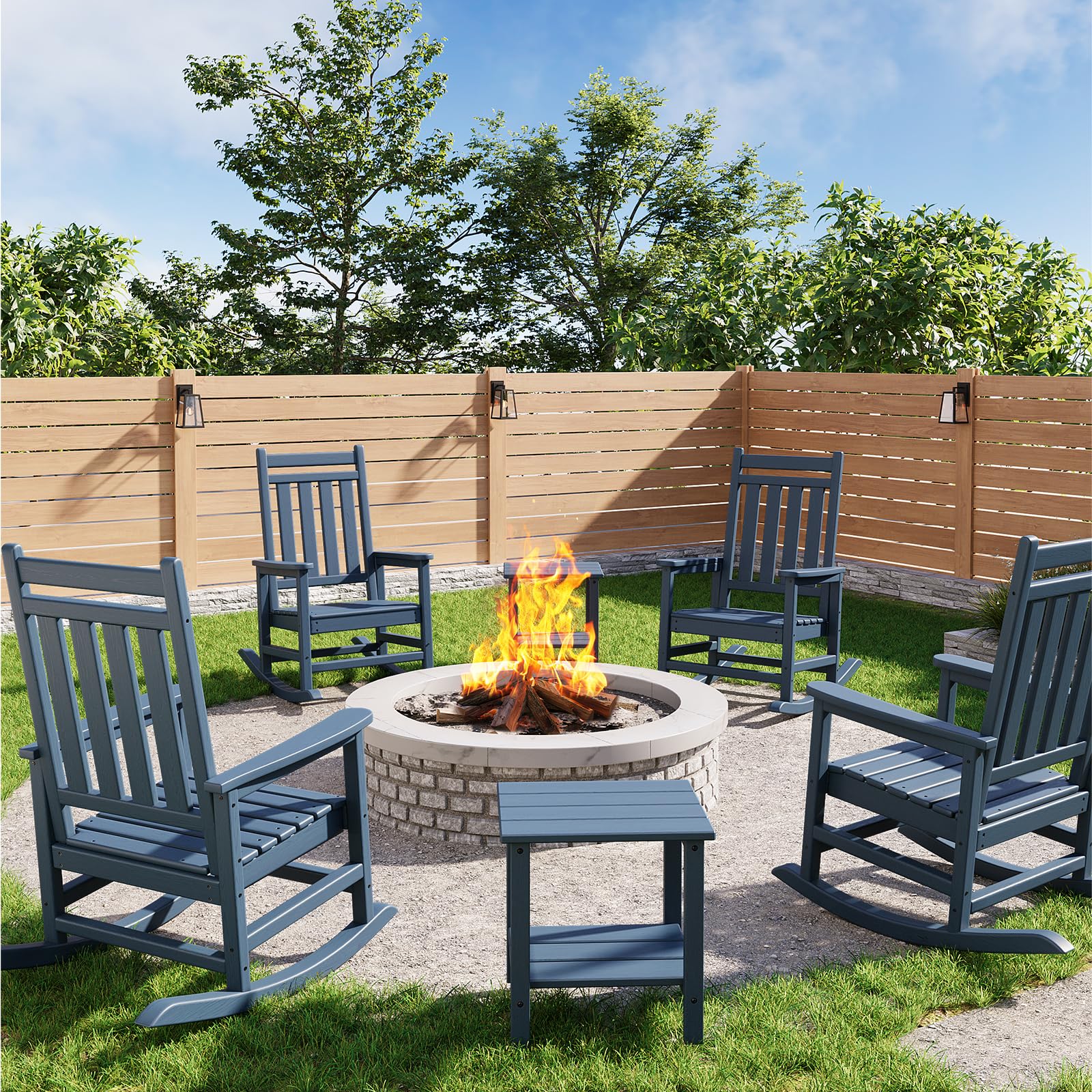 Poly Lumber Rocking Chair Outdoor Set of 2 with Side Table - HDPE High Back Porch Rocker Chairs for Adults - All Weather Resistant Furniture for Patio - Black