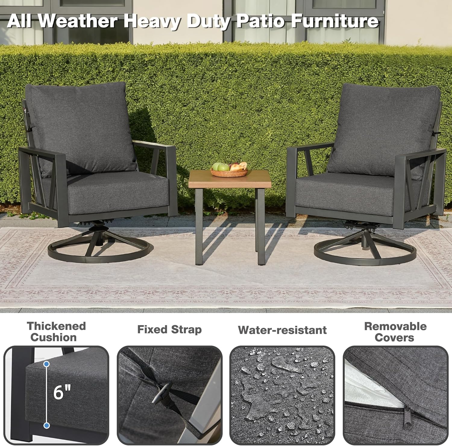 Outdoor Patio Swivel Rocking Chairs Set, Patio Porch Furniture with 6" Thick Cushions, 3 Pieces Outdoor Bistro Set with Coffee Table for Balcony, 350lbs, Dark Grey