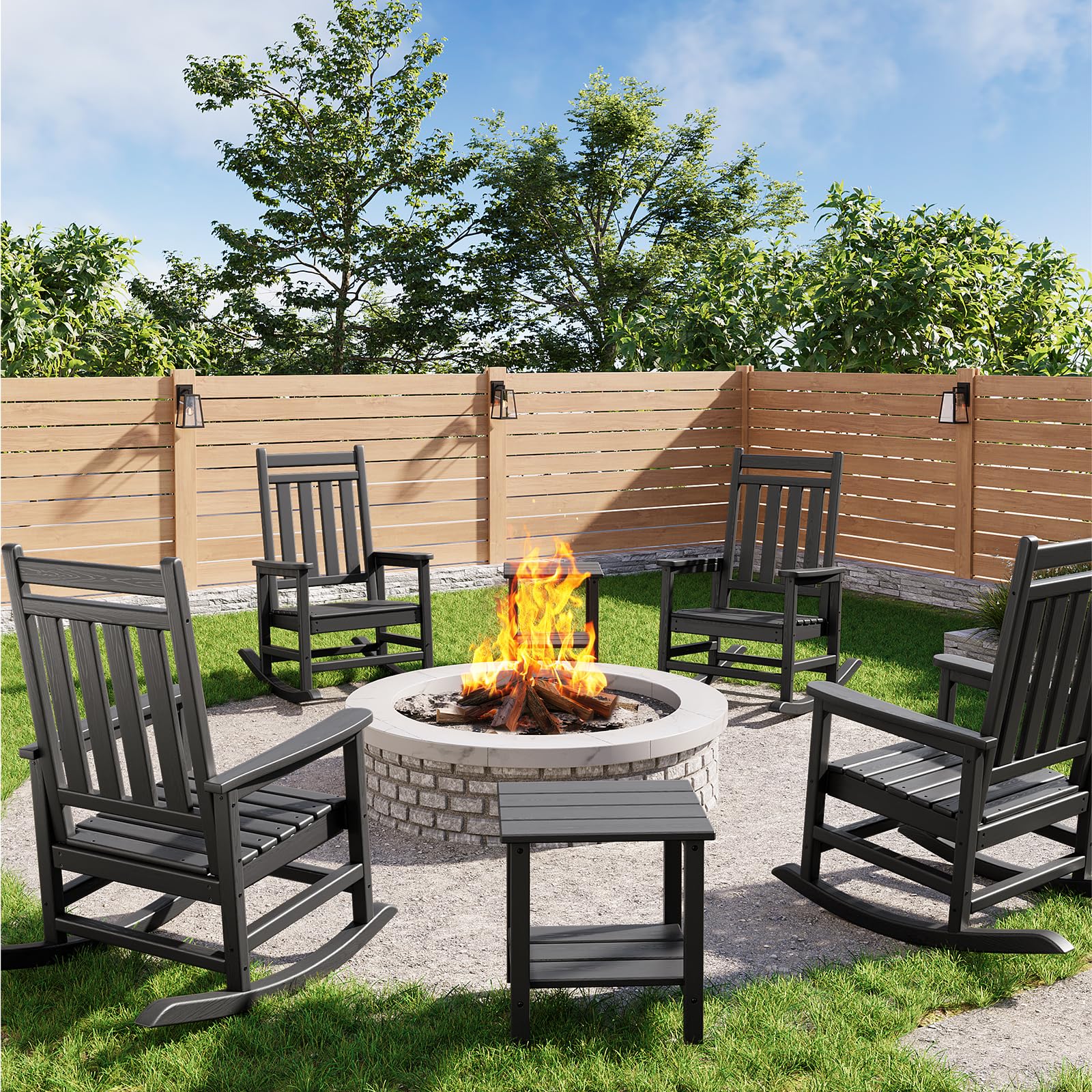 Poly Lumber Rocking Chair Outdoor Set of 2 with Side Table - HDPE High Back Porch Rocker Chairs for Adults - All Weather Resistant Furniture for Patio - Black