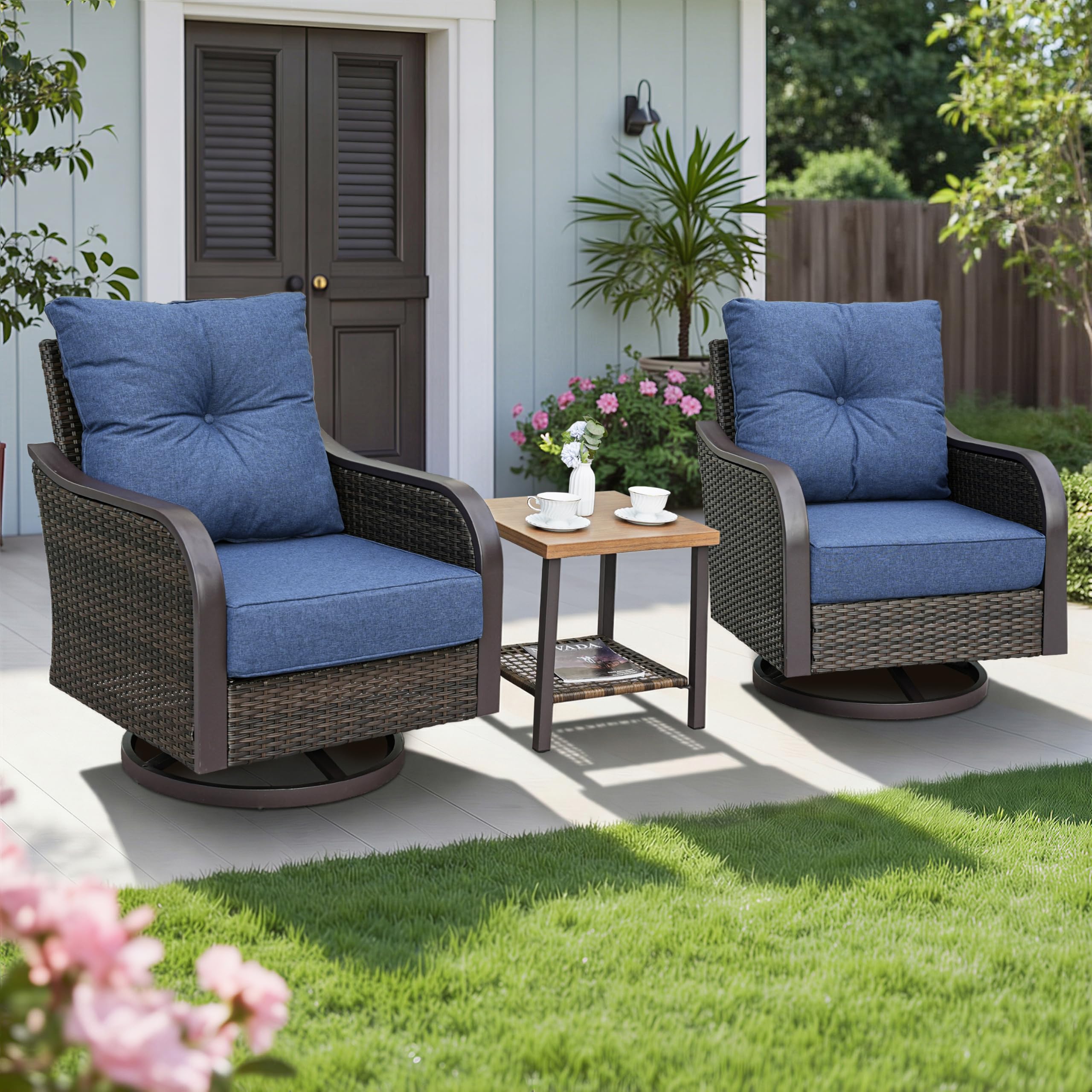 Outdoor Patio Swivel Rocking Chairs Set, Patio Porch Furniture with 6" Thick Cushions, 3 Pieces Outdoor Bistro Set with Coffee Table for Balcony, 350lbs, Dark Grey